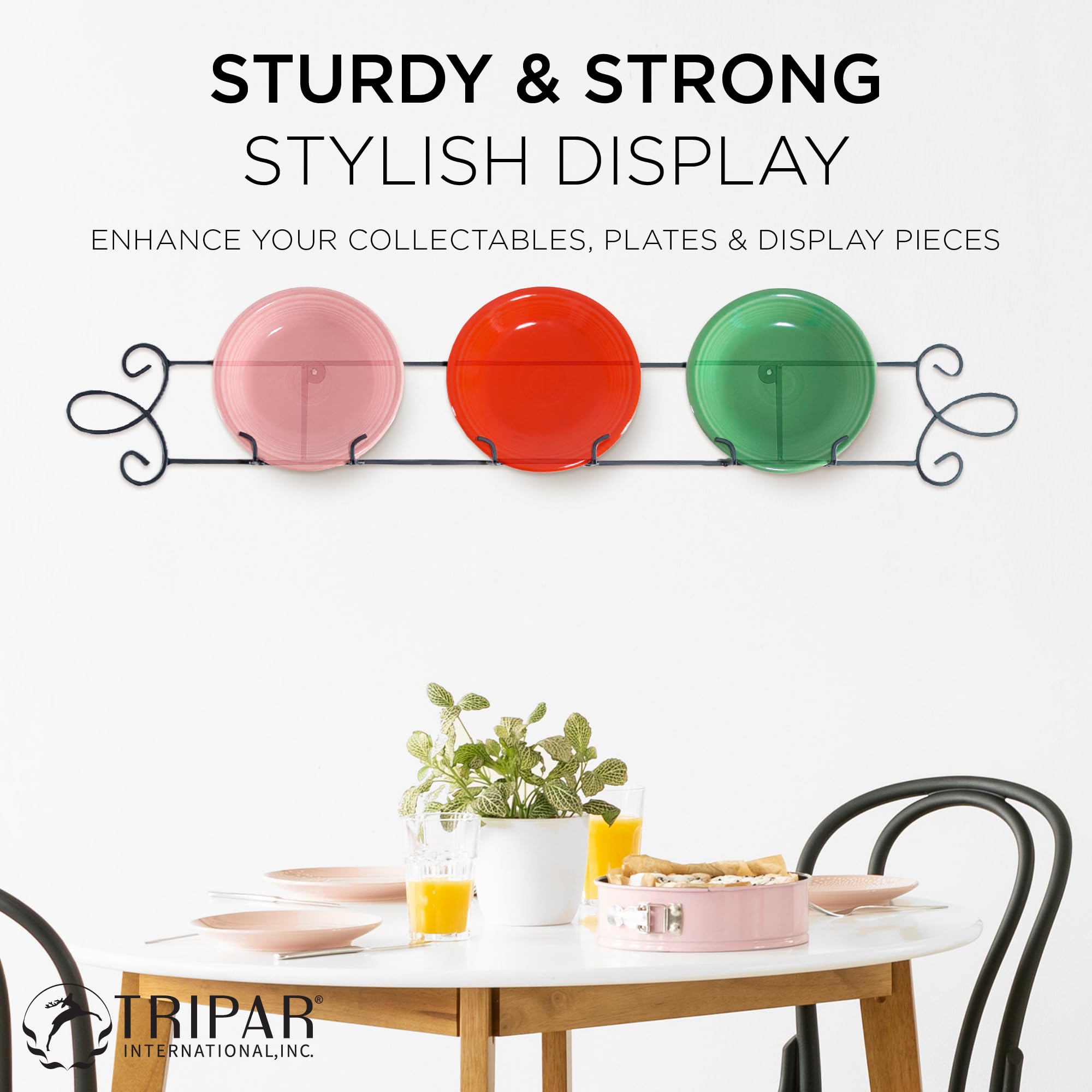 Tripar Horizontal Plate Rack, Black Display (3 Place) - Durable & Sturdy Metal Finish With Scroll Designs - Beautifully Showcase