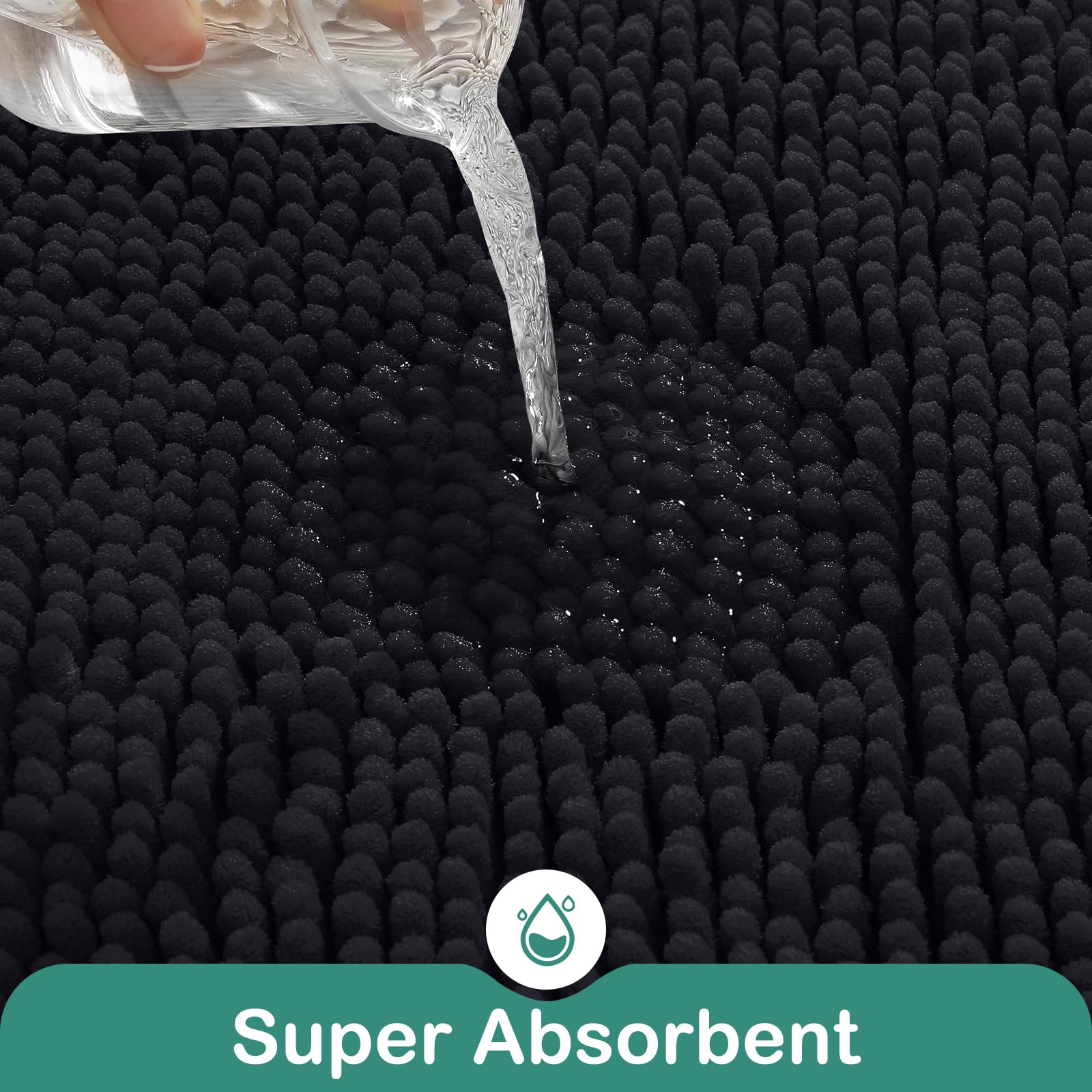 Homeideas Bathroom Rugs Set 2 Pieces, Ultra Soft Non Slip Absorbent Chenille Toilet Bath Mat Set (Black)