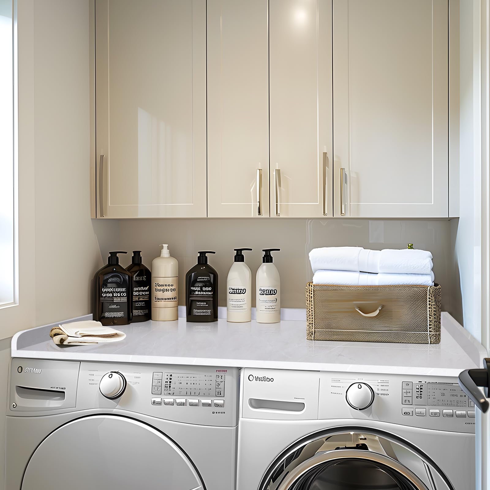 Kaboon Washer Dryer Countertop, Melamine Countertop With Edge Rails - 27.5'' Depth X 54'' Width Laundry Room Organization, White