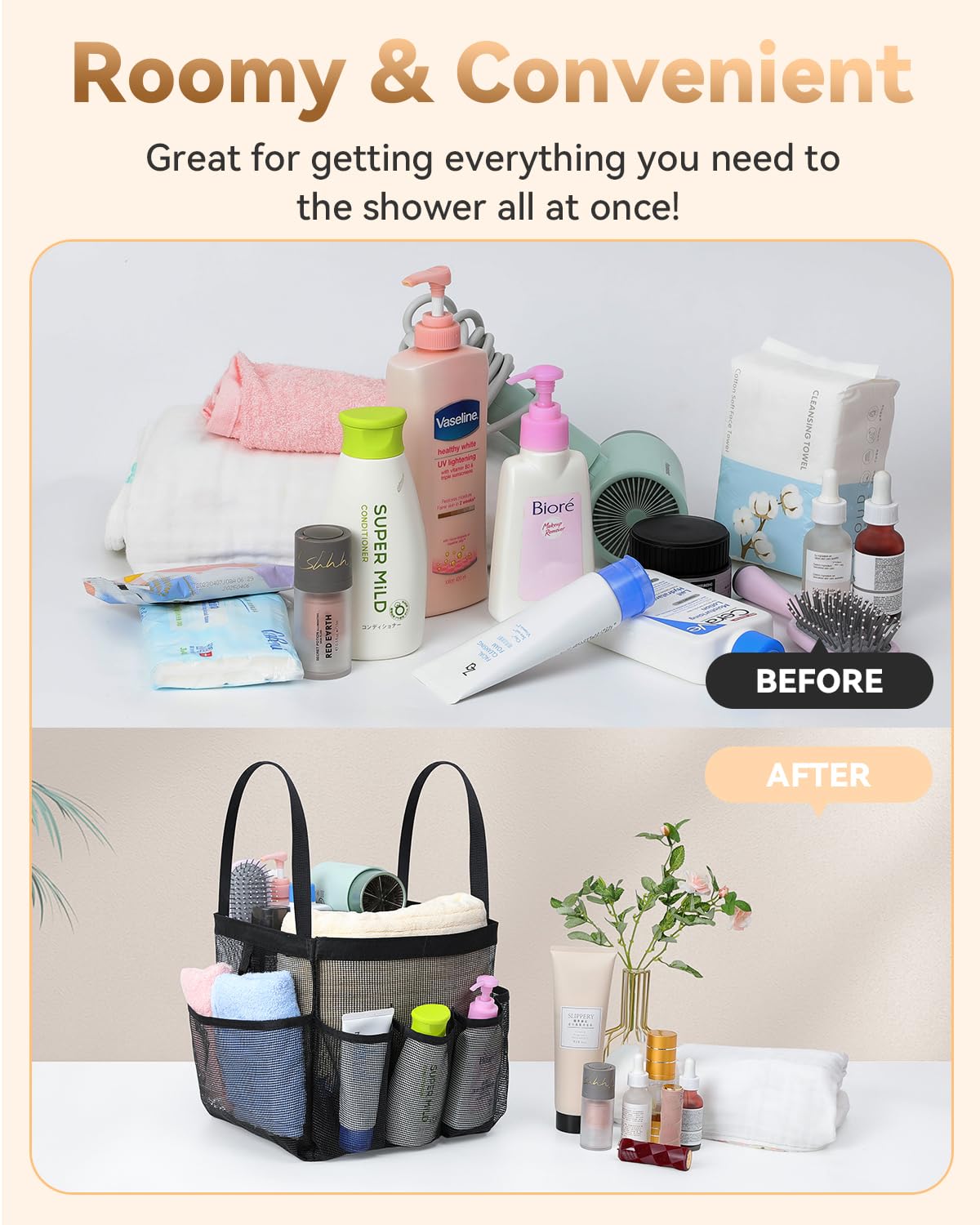 Temede Mesh Shower Caddy Tote, Large Shower Caddy Basket Portable, Quick Dry Hanging Toiletry Bag, 8 Storage Pocket Handle Bath