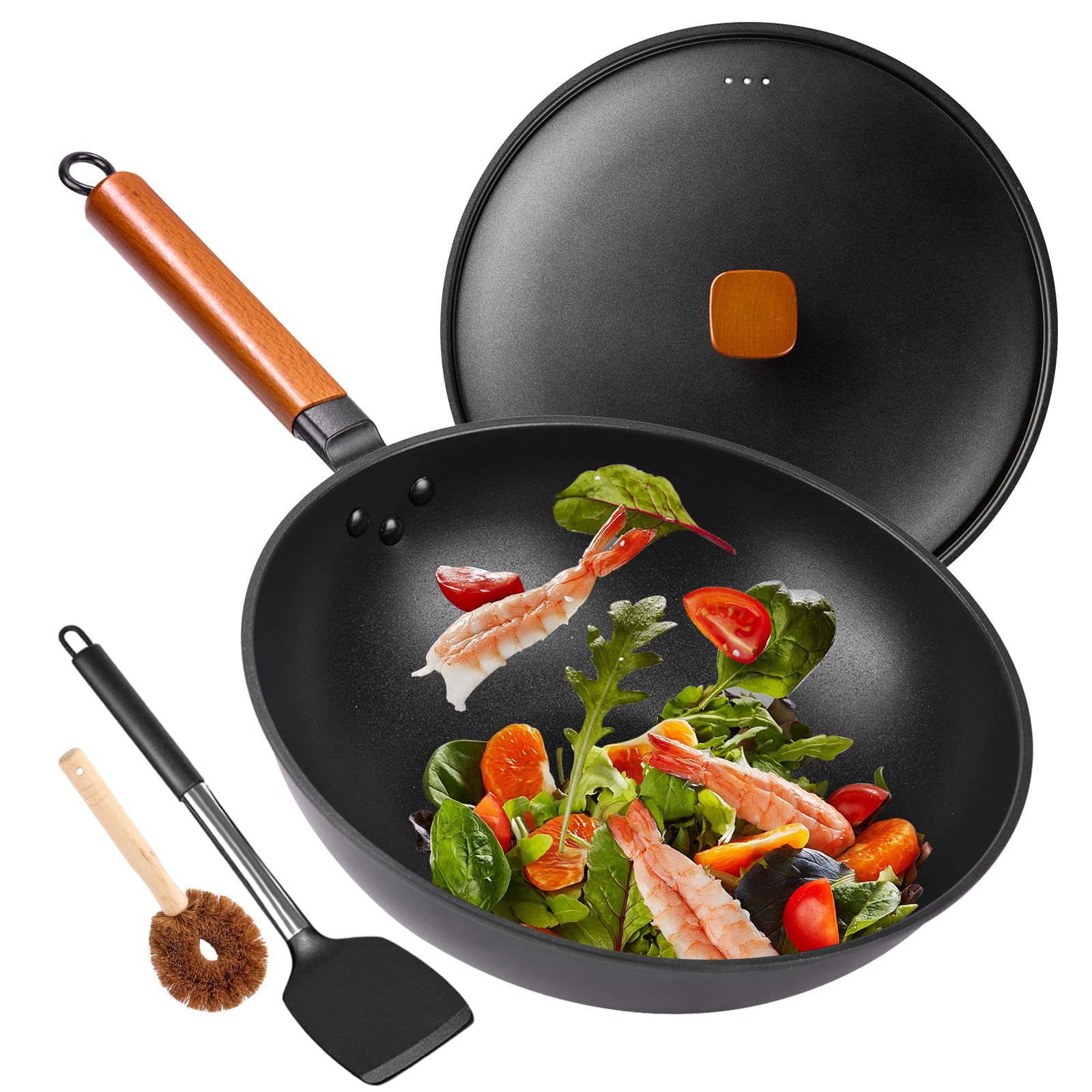 Bretor Wok Pan With Lid - Non-Stick 12.9 Wok, Carbon Steel Woks & Pans With Spatula, Flat Bottom Chinese Wok For Electric, Induc