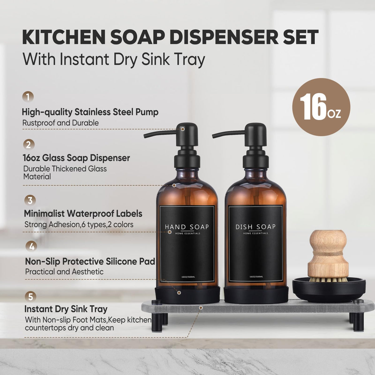 Neeczs Kitchen Soap Dispenser Set With Instant Dry Tray,16 Oz Hand And ...