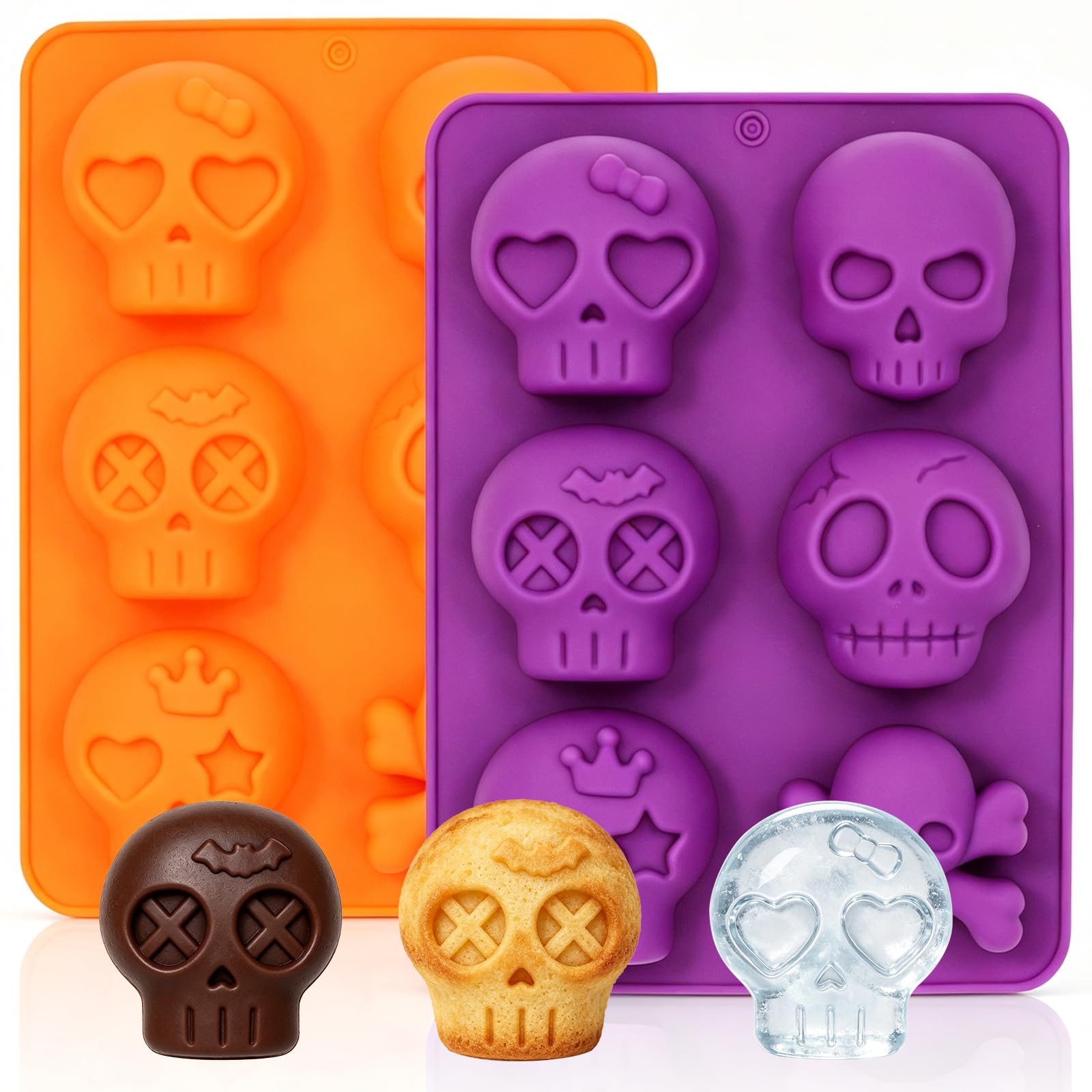 Halloween 2Pack Skull Silicone Baking Molds Pan  6Cavity for Cakelet & Chocolate, BPAFree Food Grade, NonStick Easy Release