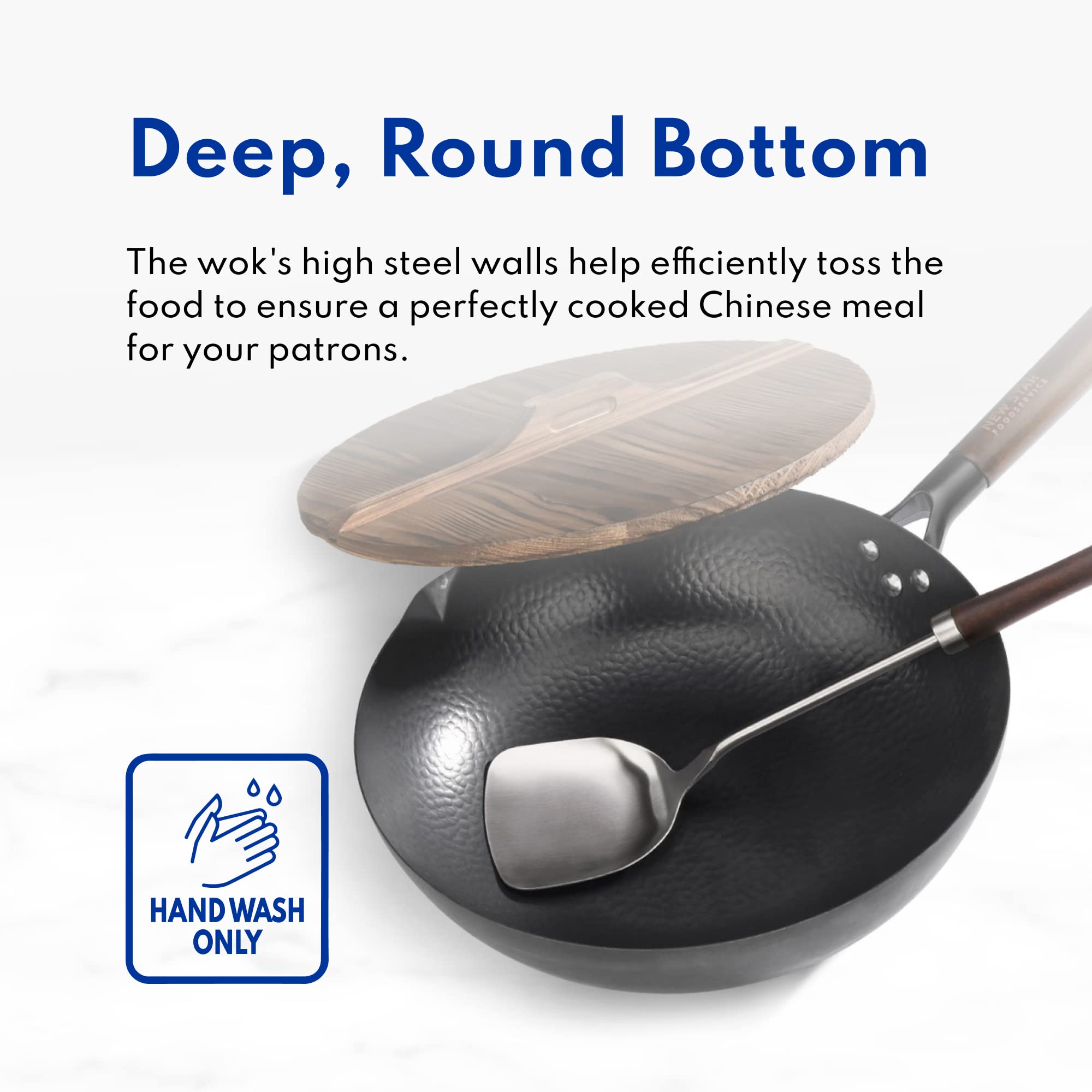 New Star Foodservice 1029154 Hand Hammered Cast-Iron Non-Stick Wok Carbon Steel, Includes 12.7'' Round Bottom Wok, Wooden Wok Li