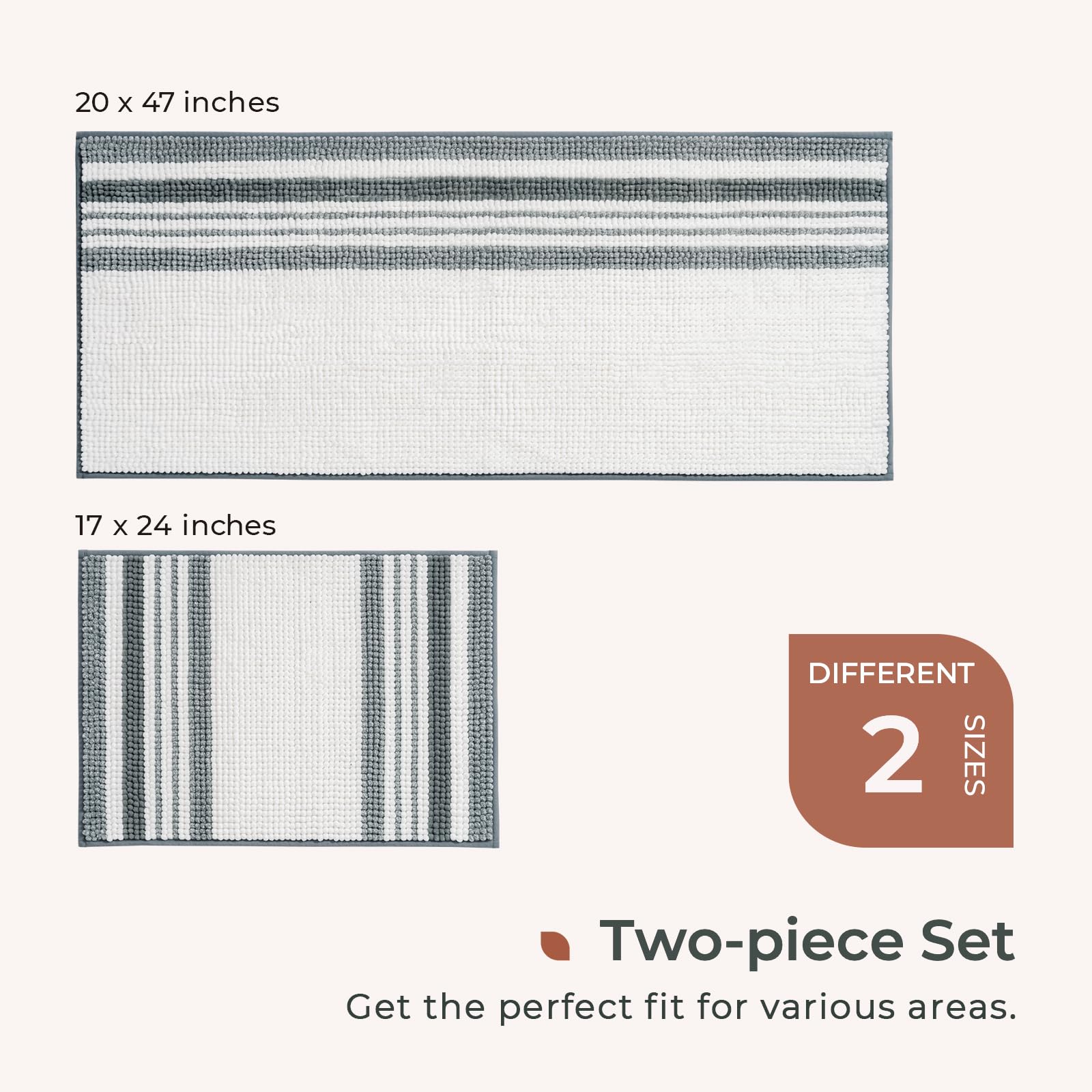 Freshmint Stripe Chenille Bathroom Rugs Sets 2 Piece 17''X24''+20''X47'', Large Bath Mats For Bathroom Floor Non-Slip, Washable