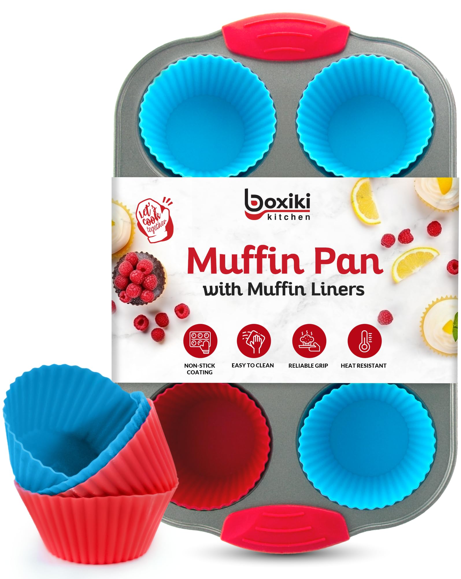 Boxiki Kitchen Non-Stick Steel 6 Cup Muffin Pan With Silicone Handles And Reusable Liners - Perfect For Baking Large Muffins And