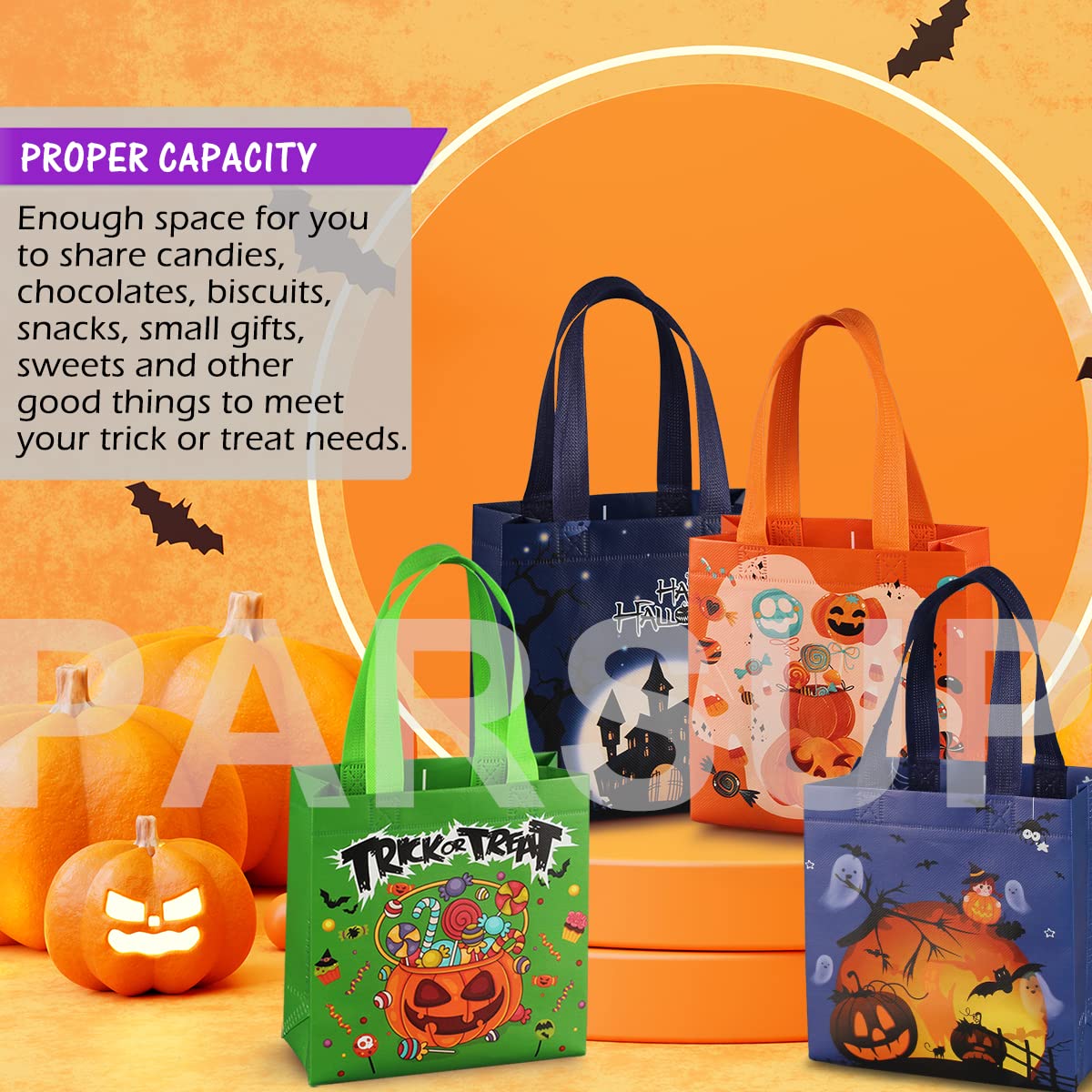 Parsup Halloween Trick Or Treat Bags, 16Pcs Small Halloween Tote Bags With Handles, Gift Bags, Multifunctional Non-Woven Hallowe