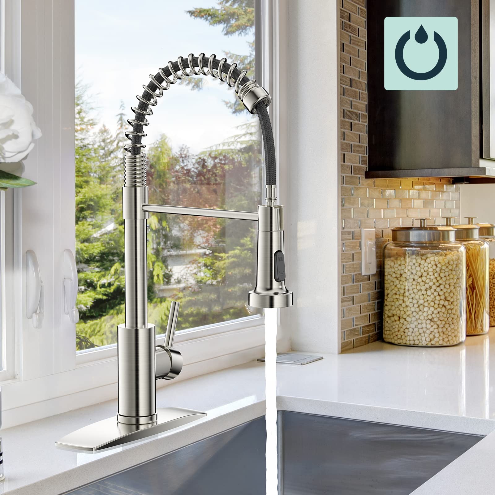 FORIOUS Kitchen Faucet with Pull Down Sprayer  Commercial Spring Kitchen Sink Faucet with Pull Out Sprayer  Single Handle Kitchen faucets with Deck Plate  Brush Nickel