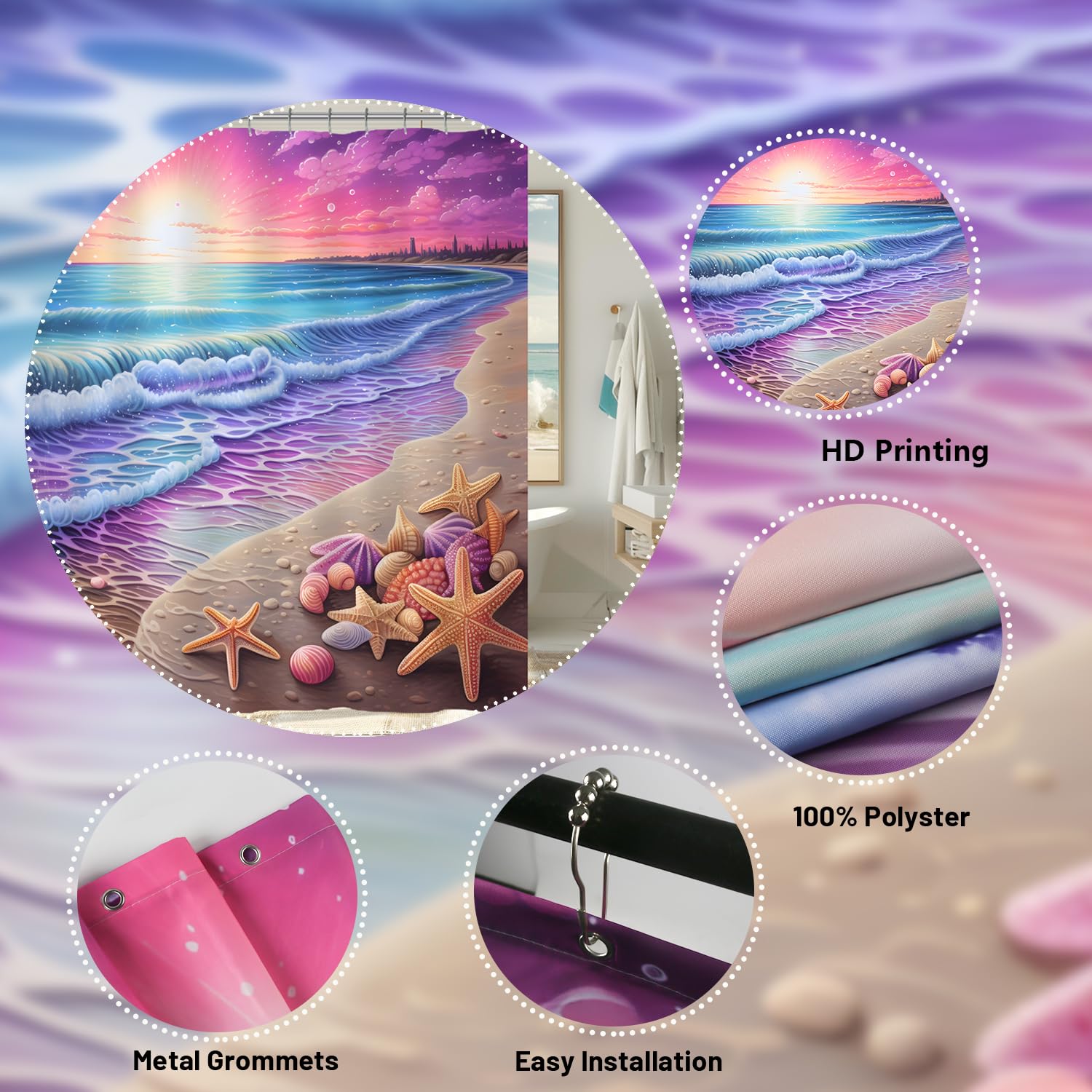 Purple Sunrise Beach Shower Curtain Coastal Seashell Ocean Shower Curtain For Bathroom 72X72 Inch Waterproof Fabric Bathroom Cur