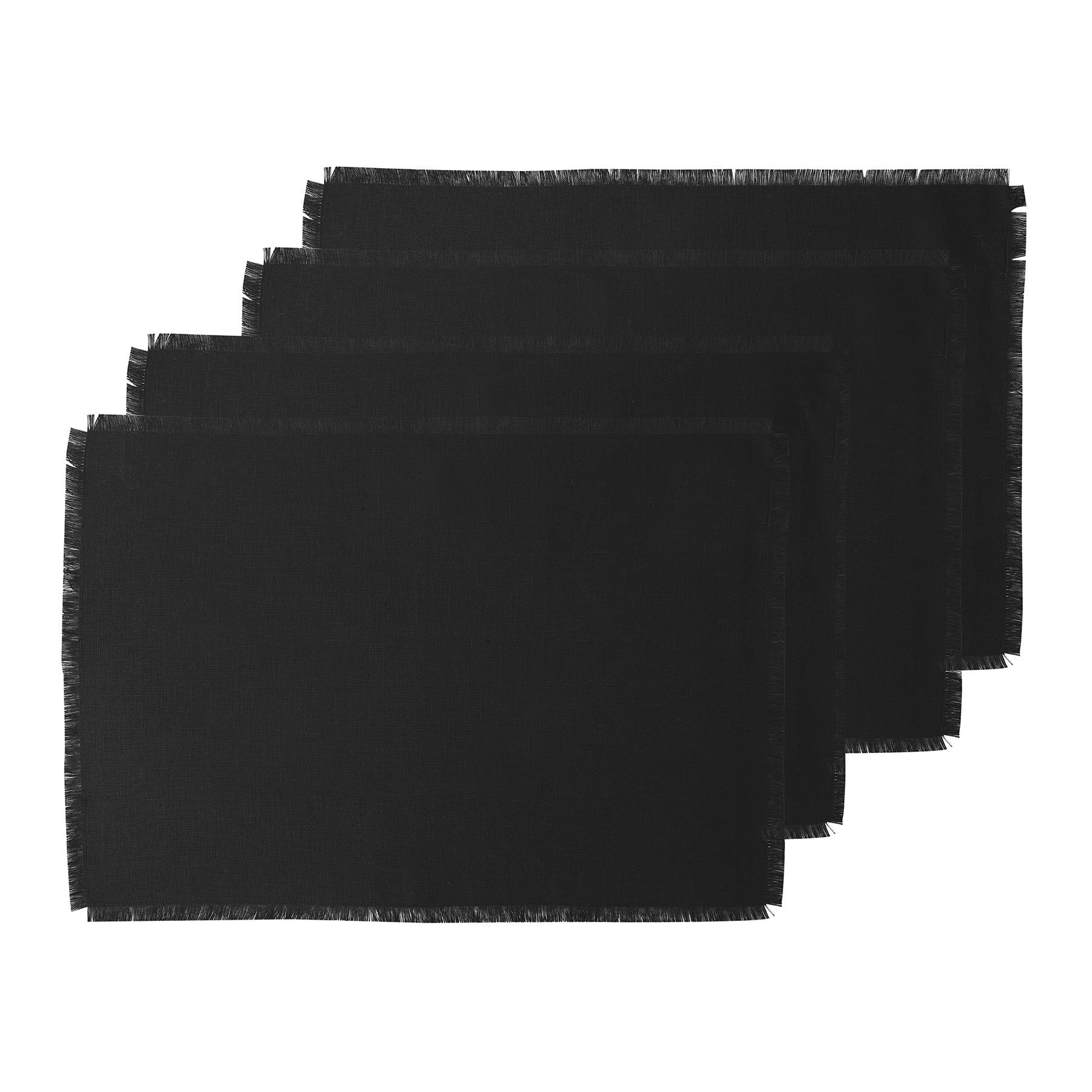 Solino Home Fringe Linen Placemats 19'' L X 14'' W Inch - 100% Pure Linen Black Cloth Placemats Set Of 4 - Washable Fabric Place