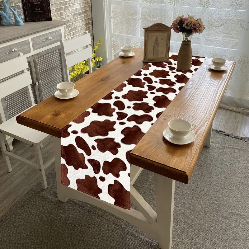 Linen Watercolor Cow Print Table Runner 72 Inches Long Cowhide Tablecloth Farm House Barnyard Animals Western Party Home Kitchen