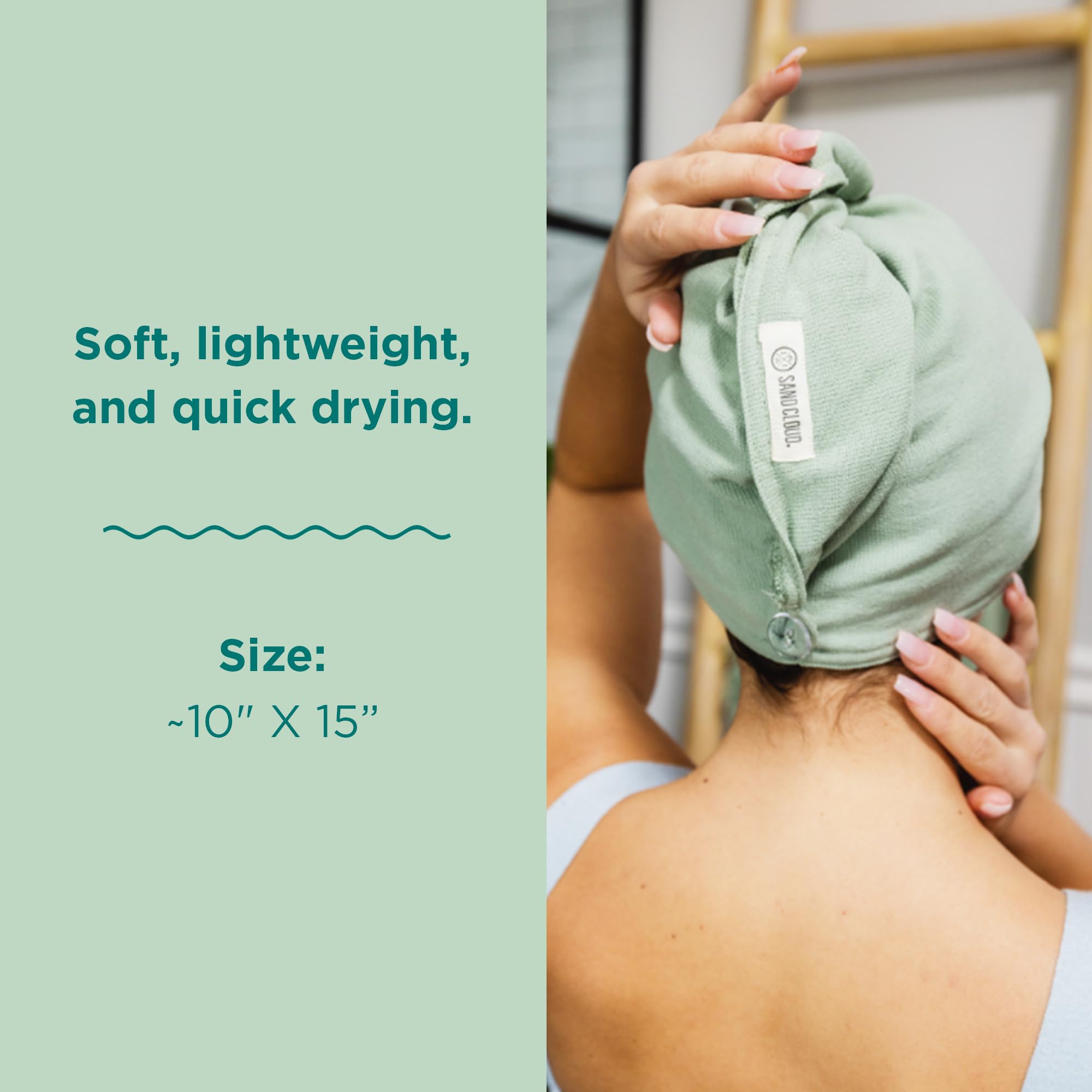 Sand Cloud Cotton Hair Towel Wrap, Sage - Quick Dry Hair Towel for Wet Hair - 100% Turkish Organic Cotton, Half Terry Weave with