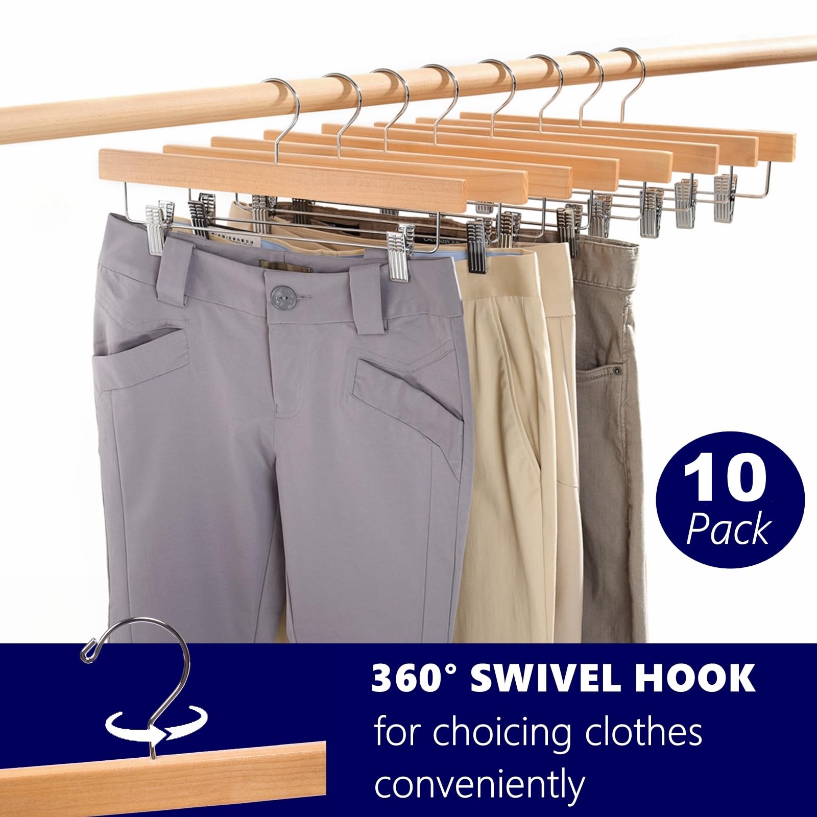 Amber Home 10 Pack Natural Wooden Pants Hangers With Clips, Wood Skirt Hangers Trouser Hangers For Jeans, Slacks, Shorts With 2-