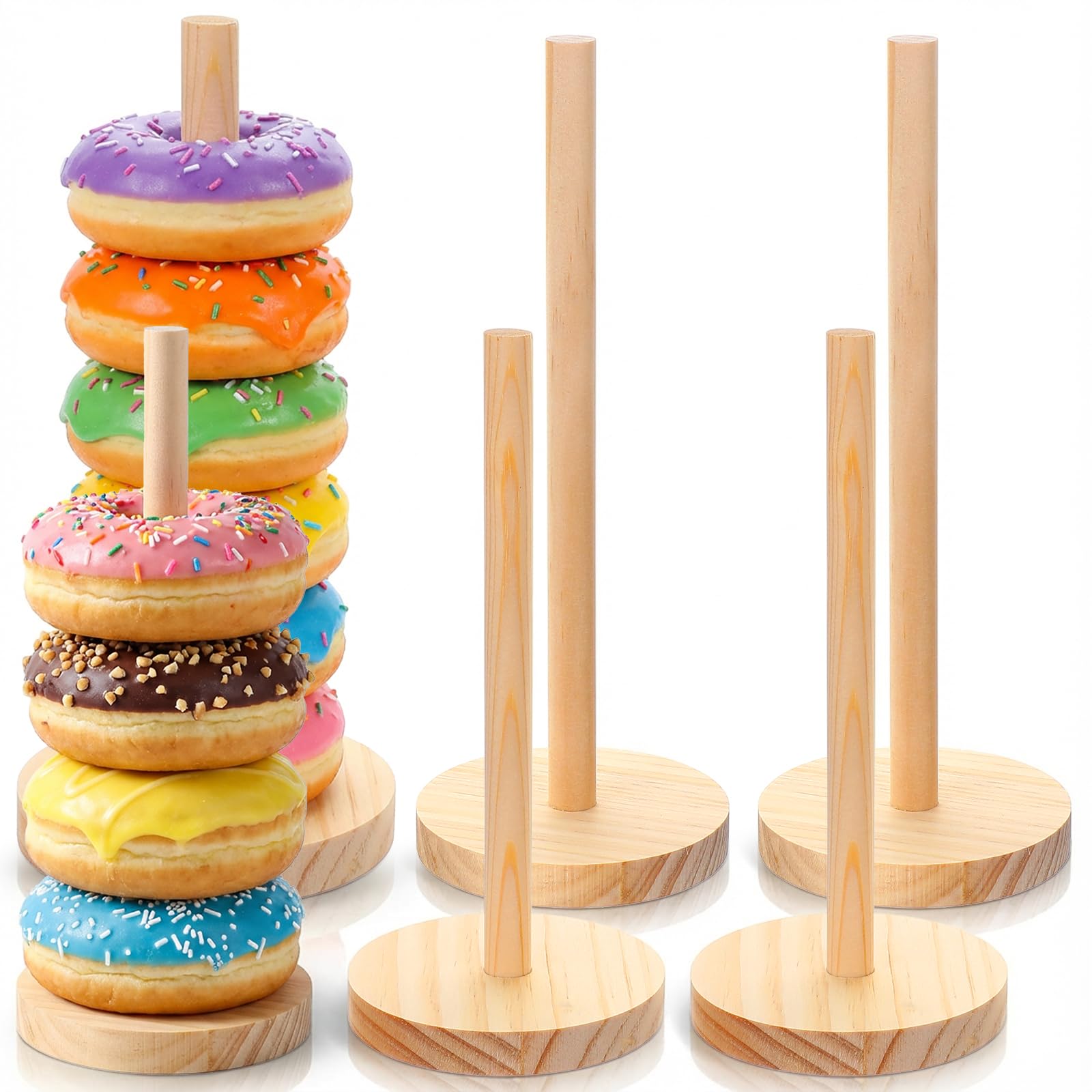 guduling 4 Pcs Donut Holder, Wooden Donut Holder Stand Party Set of 4, Durable Donuts Stands with Round Base for Donuts, Cupcake