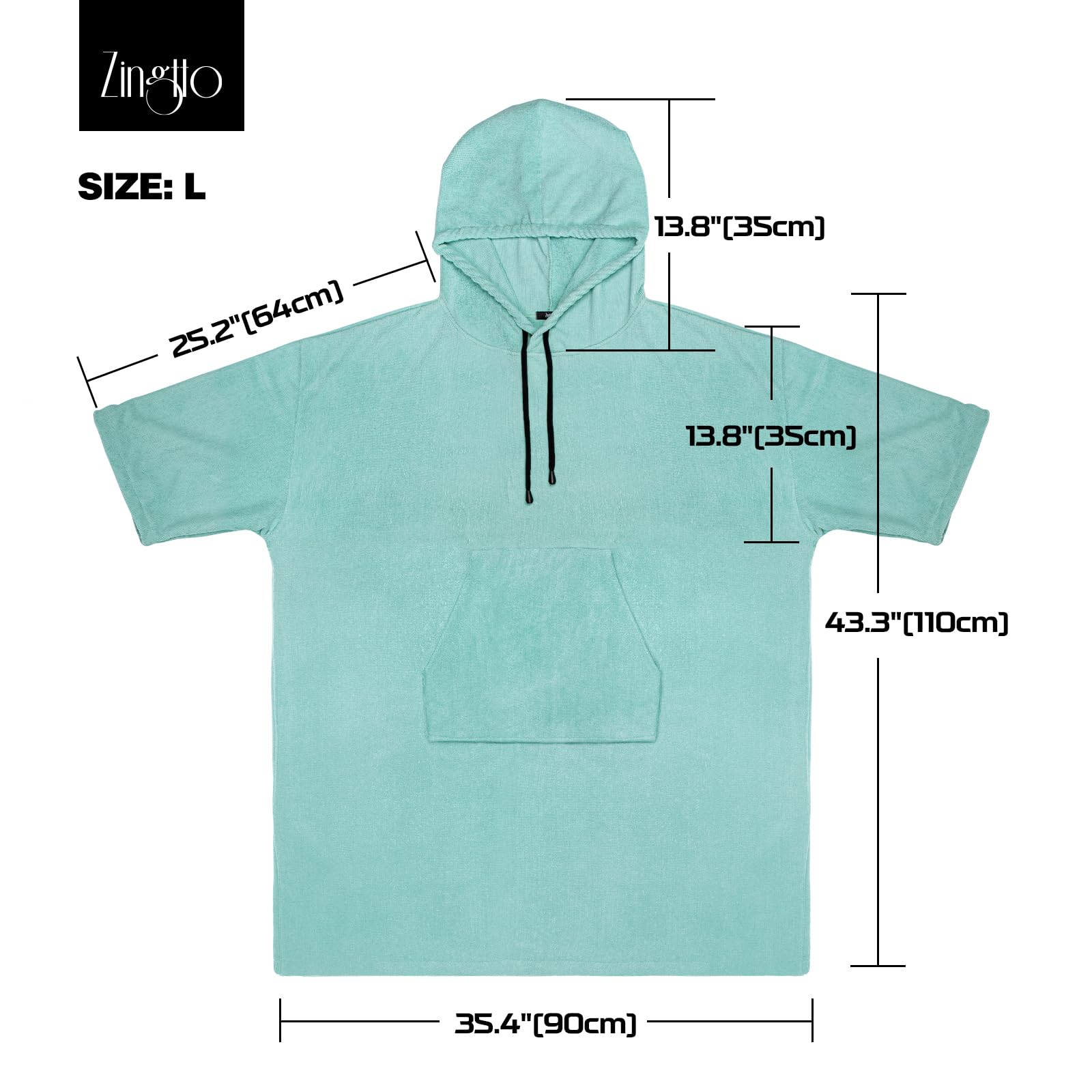 Zingtto Surf Poncho Changing Robe, 3/4 Sleeve Extra Large Thick Hoodie Towel Poncho For Men Women Beach Swimming, 43'' X 35'', T