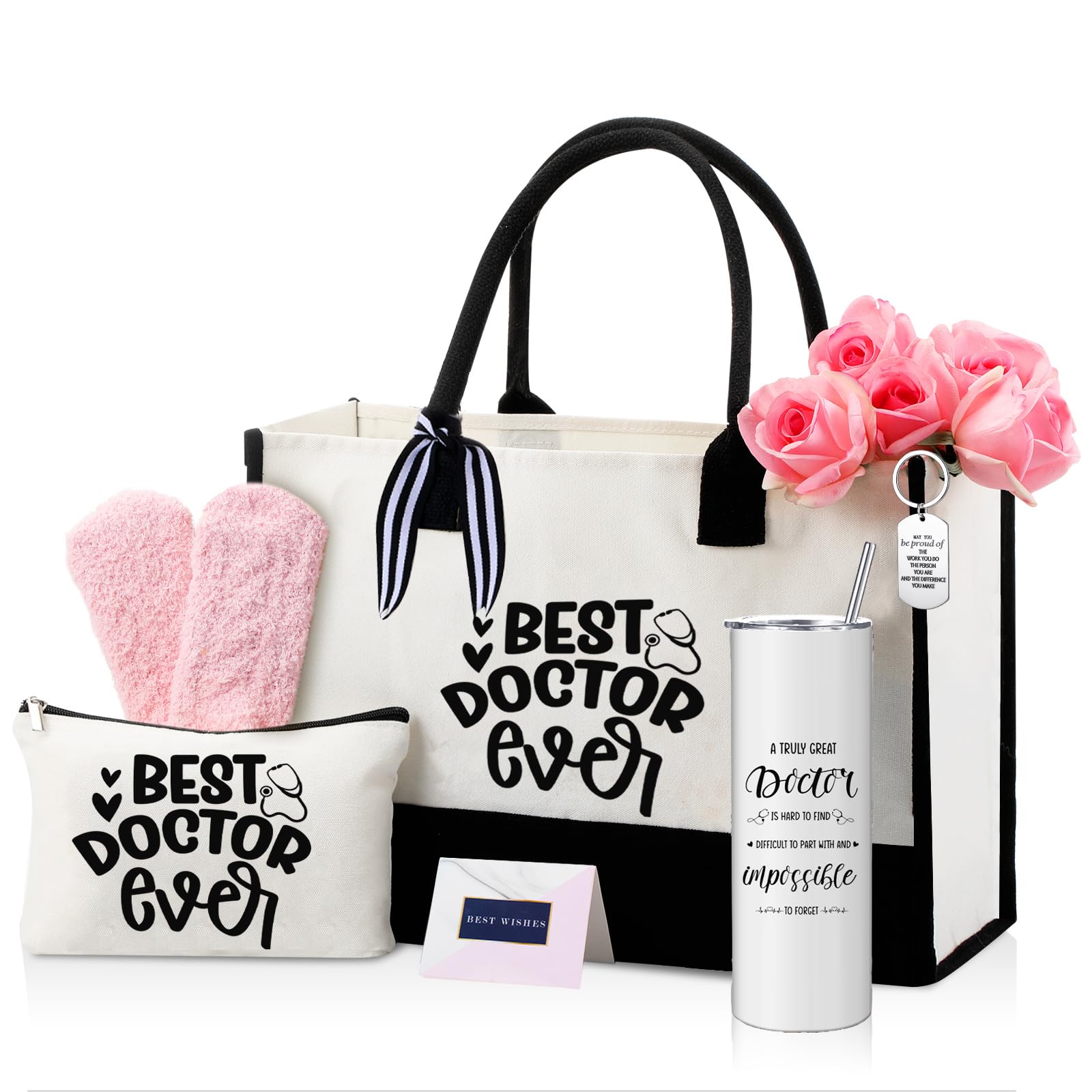Geiserailie 8 Pcs Doctor Appreciation Gifts for Women Including Large Tote Bag Cosmetic Bags Tumbler Cup Plush Socks Metal Keych