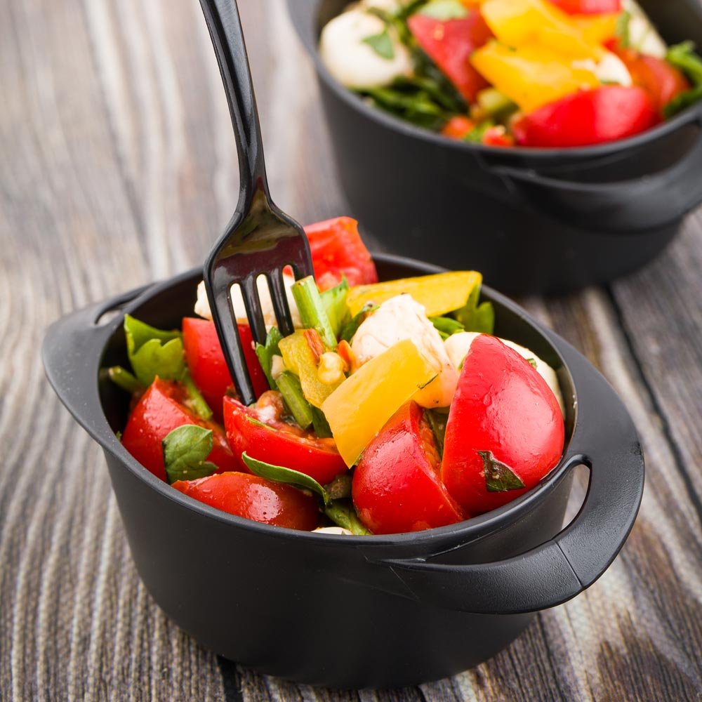 Restaurantware 3 Ounce Mini Serving Dishes 100 Disposable Mini Appetizer Dishes - Built-In Handles Rectangle Black Plastic Mini