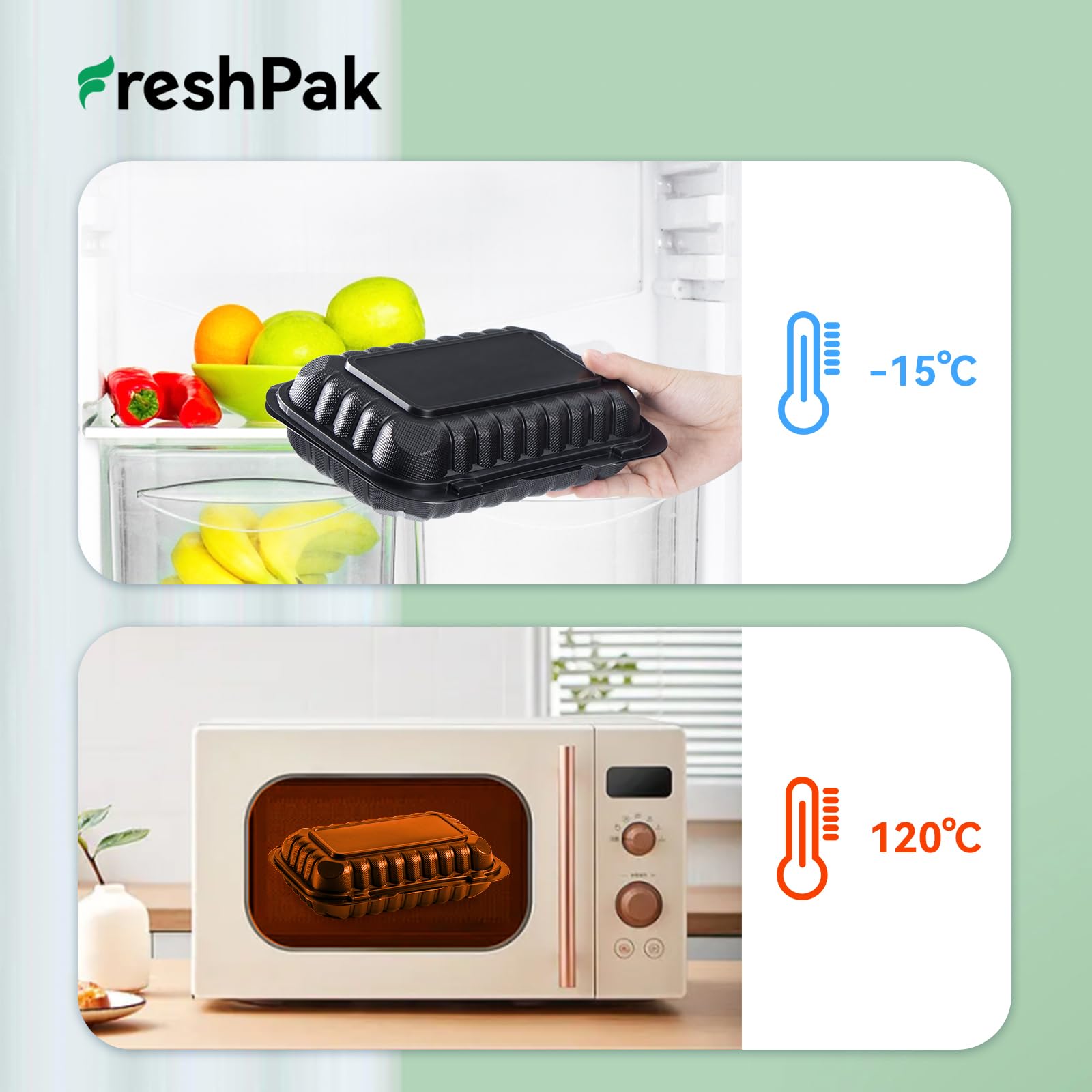 Freshpak To Go Containers, 27 Oz Plastic Black Take Out Food Containers For Lunch 50 Pack Reusable Bpa-Free Heavy-Duty Hinged Mf