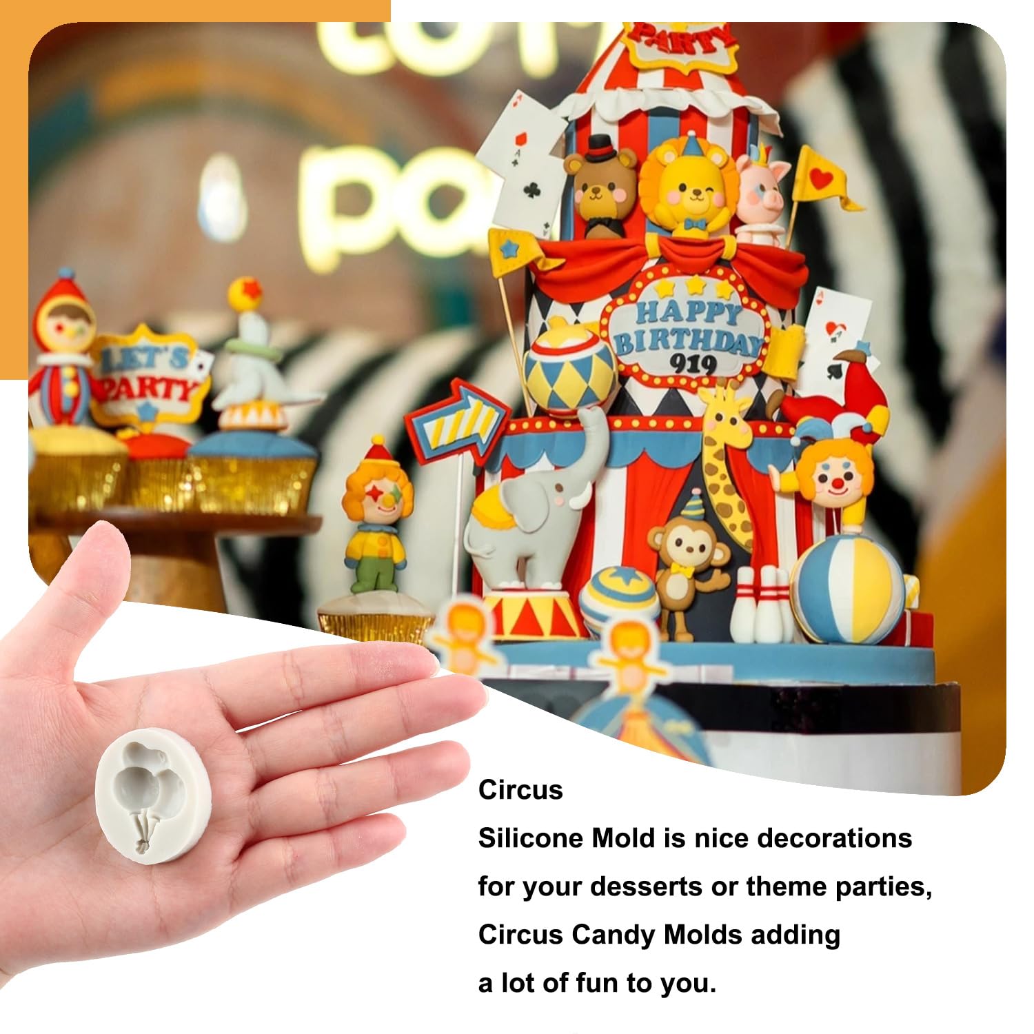 Sijiangmold Circus Fondant Silicone Molds Clown Elephant Chocolate Molds Theater Unicycle Balloon Mold For Cupcake Topper Cake D