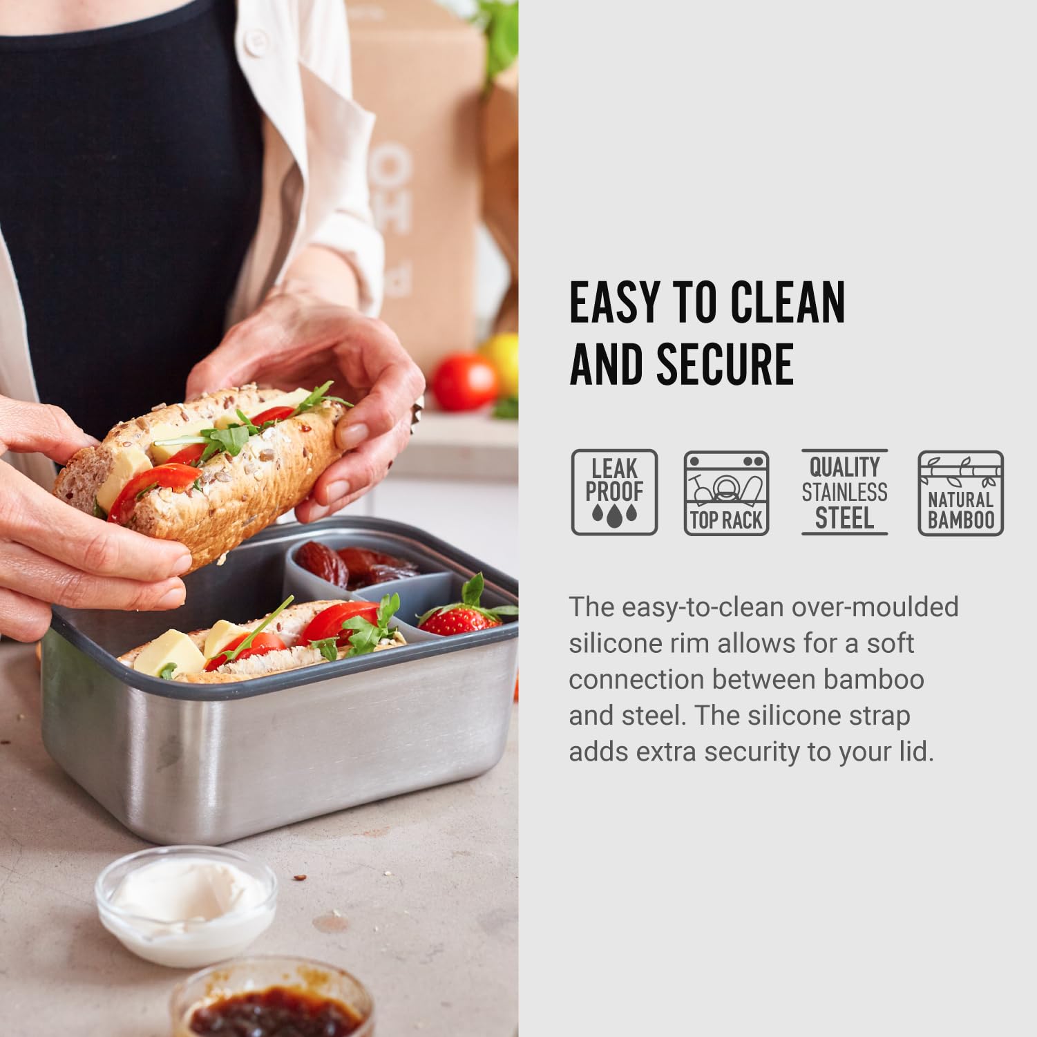 BLACK + BLUM Stainless Steel Sandwich Box - Large 1.25L, Olive, Plastic Free with Bamboo Lid