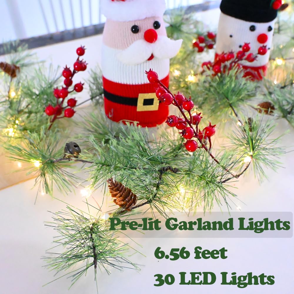 HamiFinee Christmas Garland with LED Fairy Lights Battery Operated Smokey Pine Garlands with 8 Flash Modes and Timer Red Berries