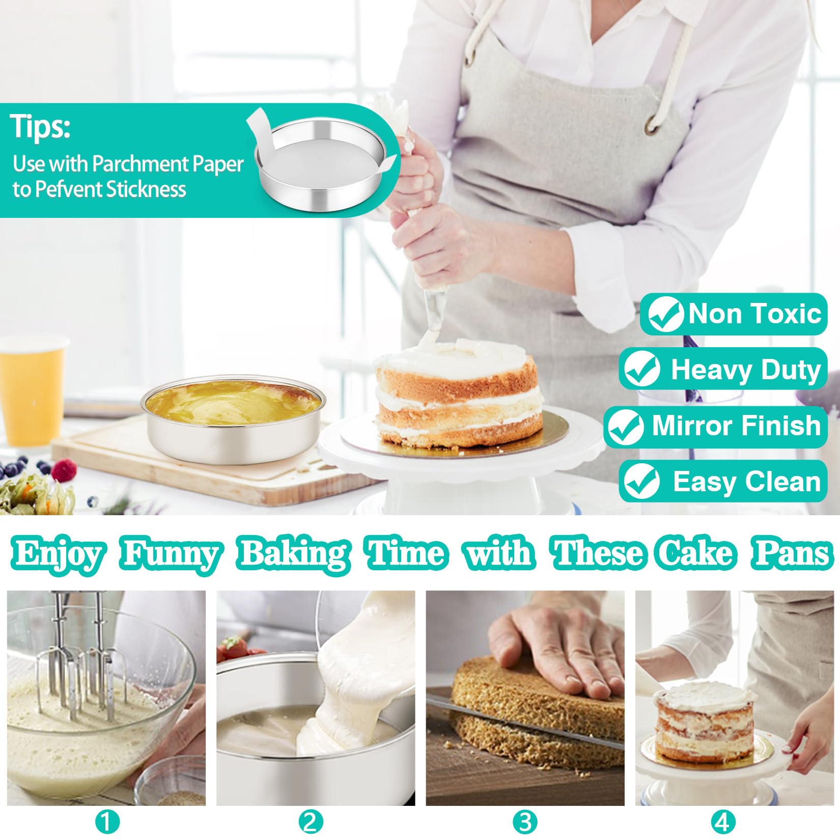 P&P Chef 4-Piece Cake Pans (6    X 2 + 8    X 2), Stainless Steel Round Cake Pan Tin Set For Layered Standard Cake, Non-Toxic &