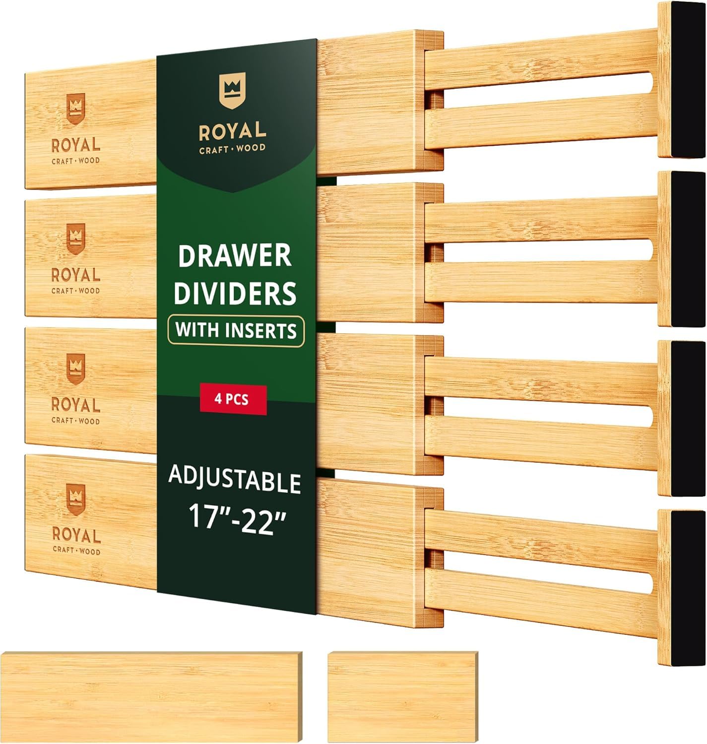 ROYAL CRAFT WOOD Adjustable Bamboo Drawer Dividers Organizers (17'' - 21.5'') with Inserts - Expandable Drawer Organization Sepa