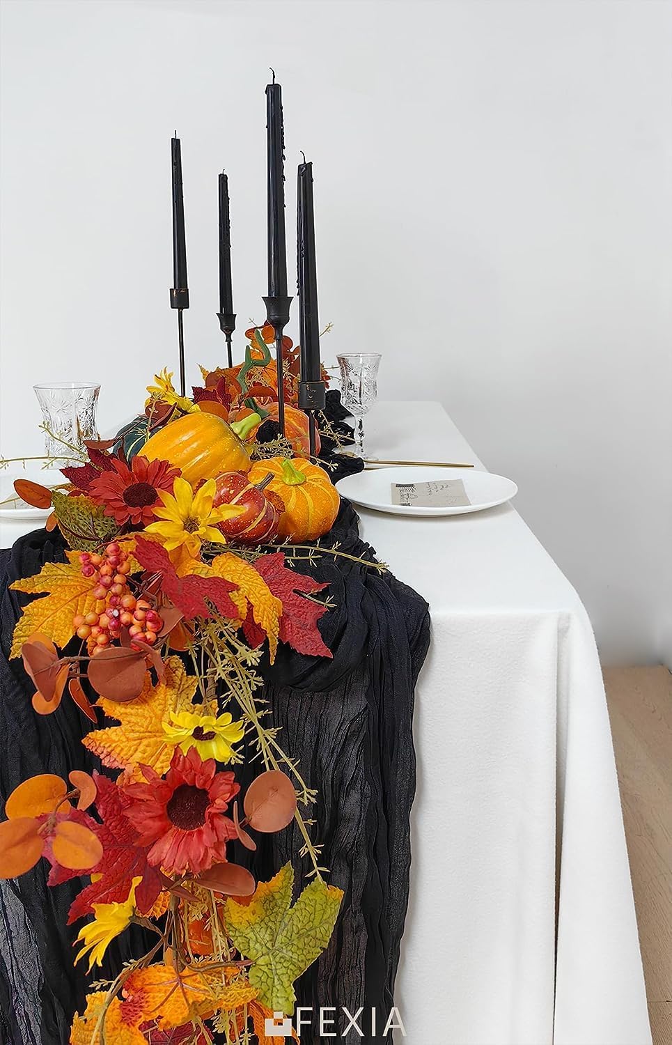Fexia 10 Pack Black Table Runner 35X120 Inches Gauze Rustic Farmhouse Decor For Halloween Thanksgiving Funeral First Communion C