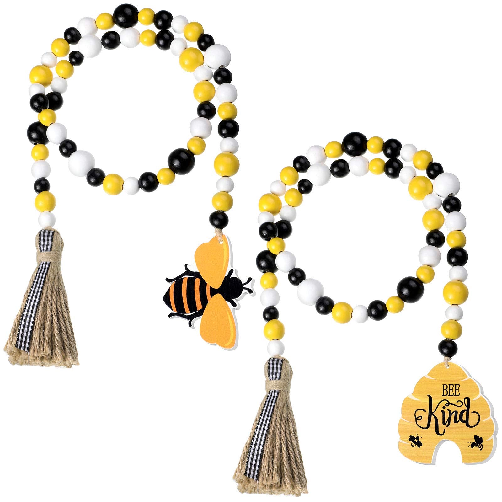 Jetec 2 Pieces Honey Bee Decor Bee Wood Beads Garland with Tassels Rustic Farmhouse Honeycomb Wooden Bead Summer Wooden Bead Gar