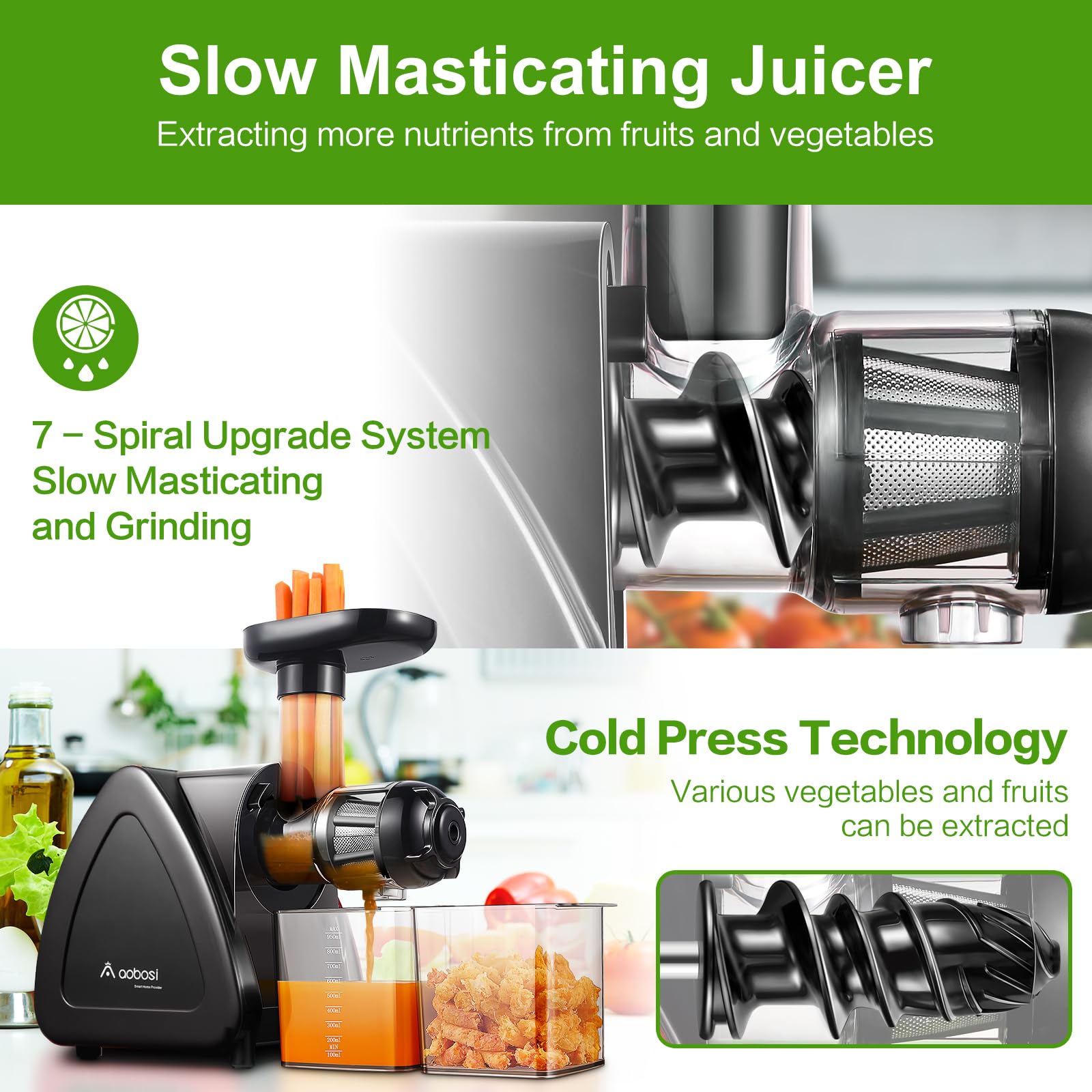 Juicer Machine  Aobosi Slow Masticating Juicer  Cold Press Juicer Machines with Reverse Function  Quiet Motor  High Juice Yield with Juice Jug & Brush for Cleaning  Black