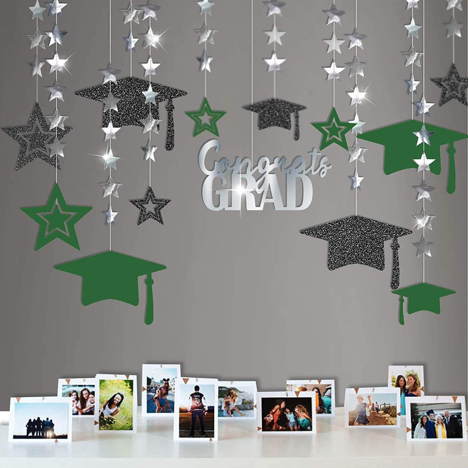 Cheerland Green Graduation Party Decoration Kit Black Cap Decor Shiny Congrats Grad Banner Star Hat Garland Hanging Streamer Ban
