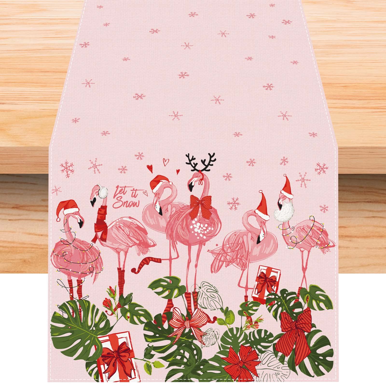 Linen Pink Hawaiian Tropical Flamingo Christmas Table Runner 90 Inches Long Hawaii Beach Christmas Xmas Winter Holiday Home Kitc
