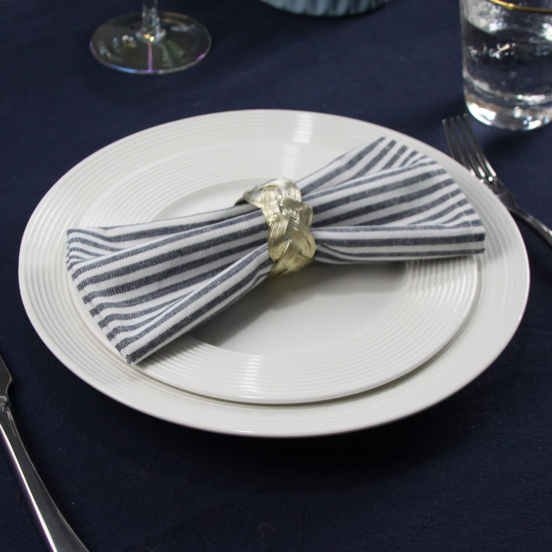Infei Plain Striped Cotton Linen Blended Dinner Cloth Napkins - Set Of 12 (40 X 30 Cm) - For Events & Home Use (Navy)