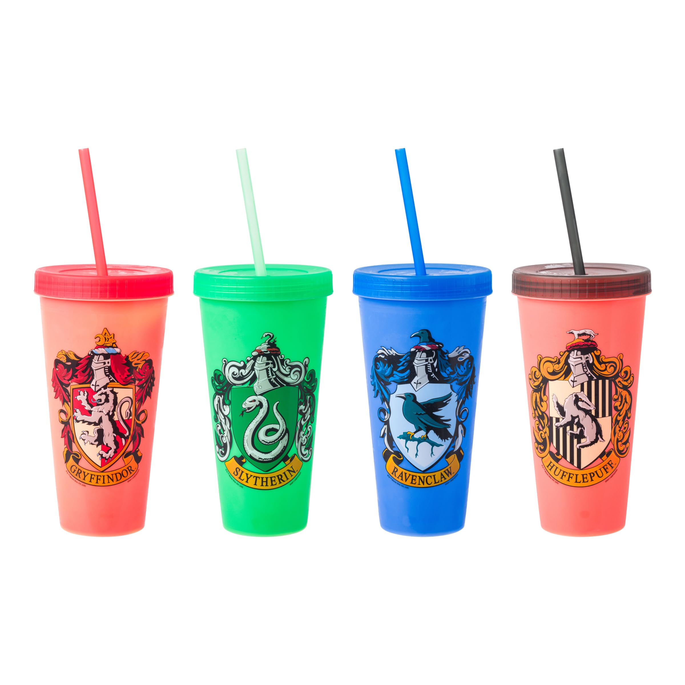 Silver Buffalo Harry Potter House Crests 4 Pack Color Change Plastic Tumbler, 24 Ounces