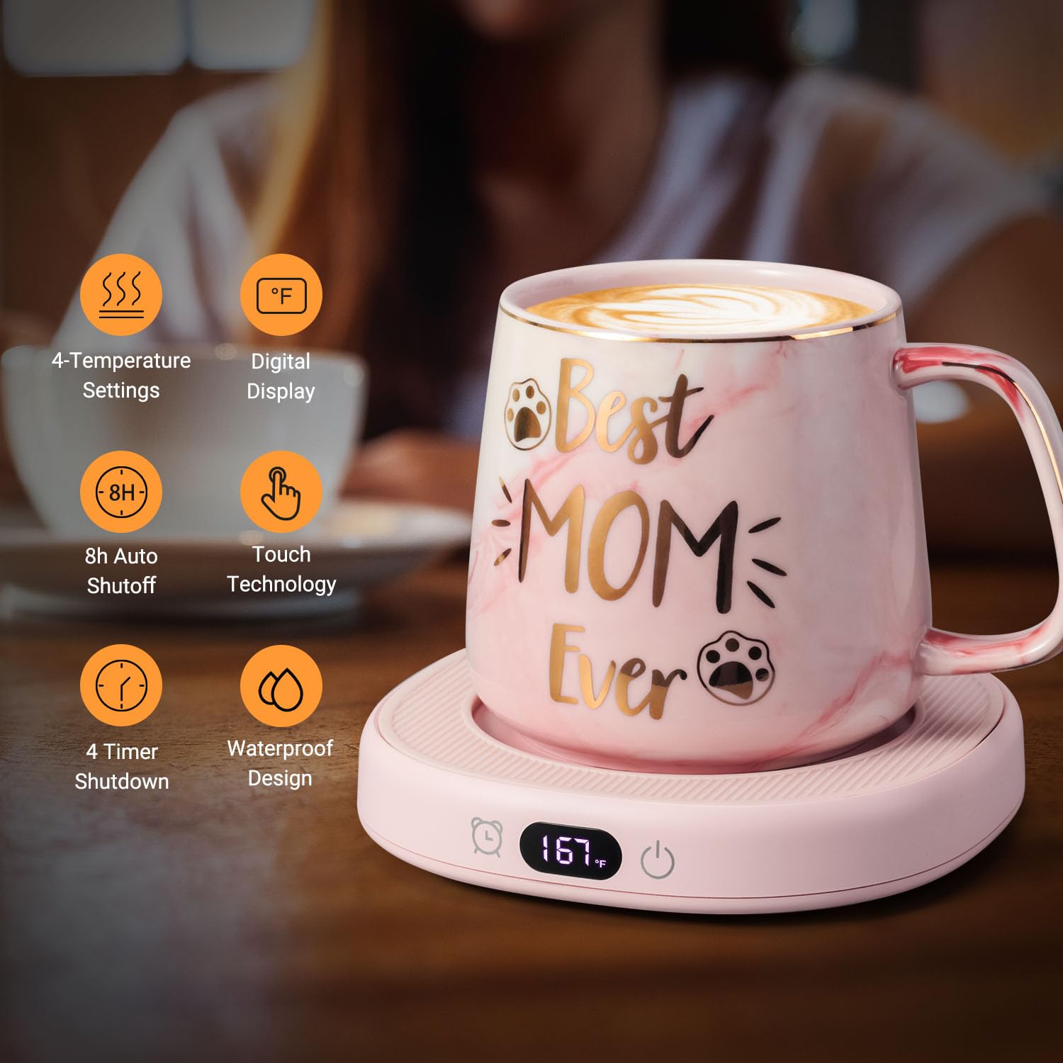 Coffee Mug Warmer & Best MOM Ever Mug Set, Electric Cup Warmer for Desk, Beverage Warmer with 4 Temperature Setting, 8H Auto Shu