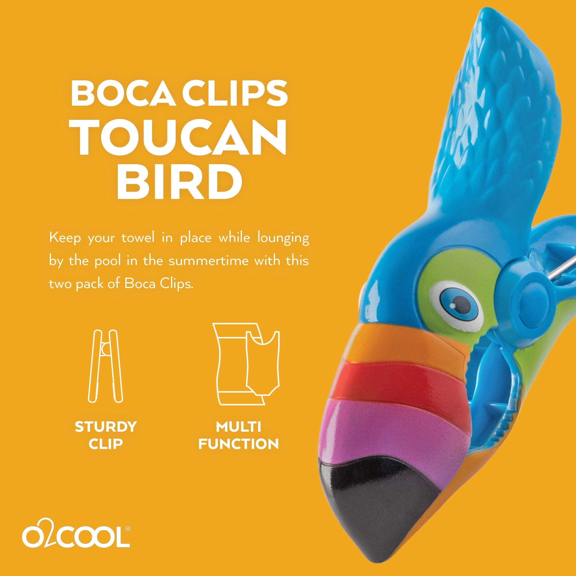 O2Cool Bocaclips - Beach Towel Clips For Beach Chairs, Patio And Pool Accessories Clothes Pins Or Bag Clips - (Toucan) 4 Clips
