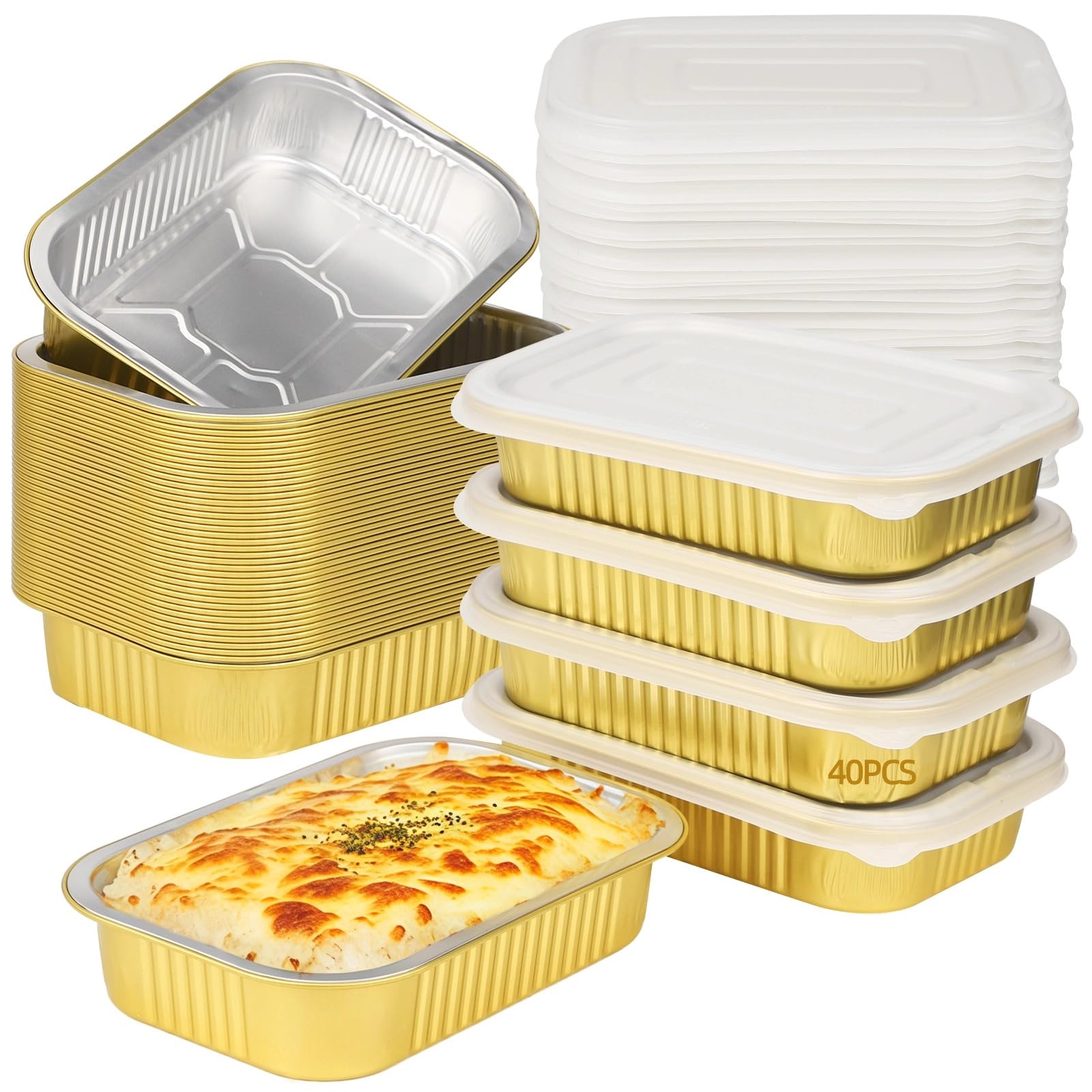 40 PCS Aluminum Foil Pans with Lids, 33 oz Rectangular Disposable Foil Food Containers with Plastic Covers, HeavyDuty Takeout T