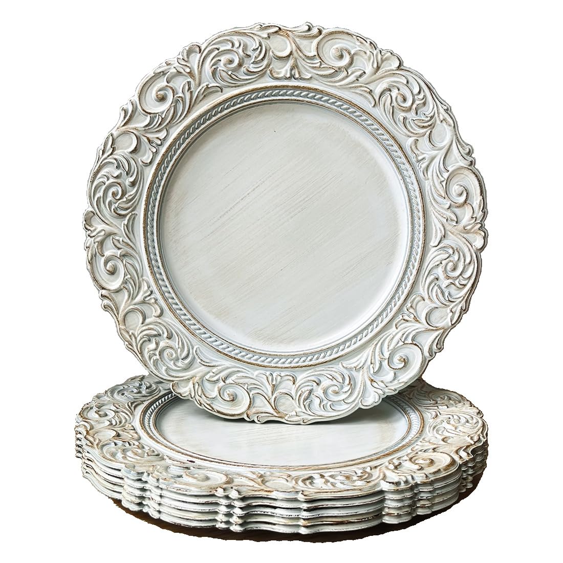 Umisriro Antique Charger Plates, 13 Inch White Dinner Plate Chargers Round Server Ware. Set Of 6 Plastic Embossed Charger For Di