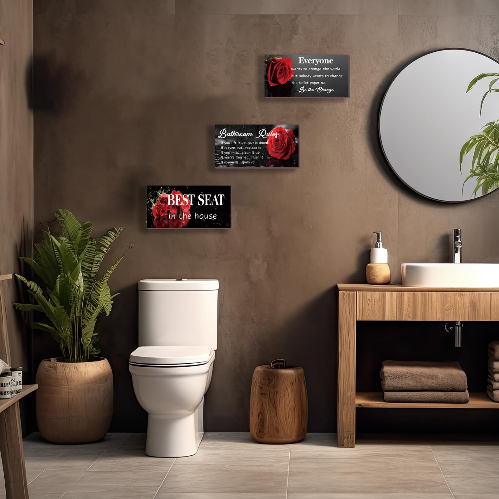DONFENTHY 3 Pcs Red Bathroom Rules Decor Rustic Farmhouse Wooden Best Seat in The House Rose Hanging Wall Art Toilet Bathroom Ac