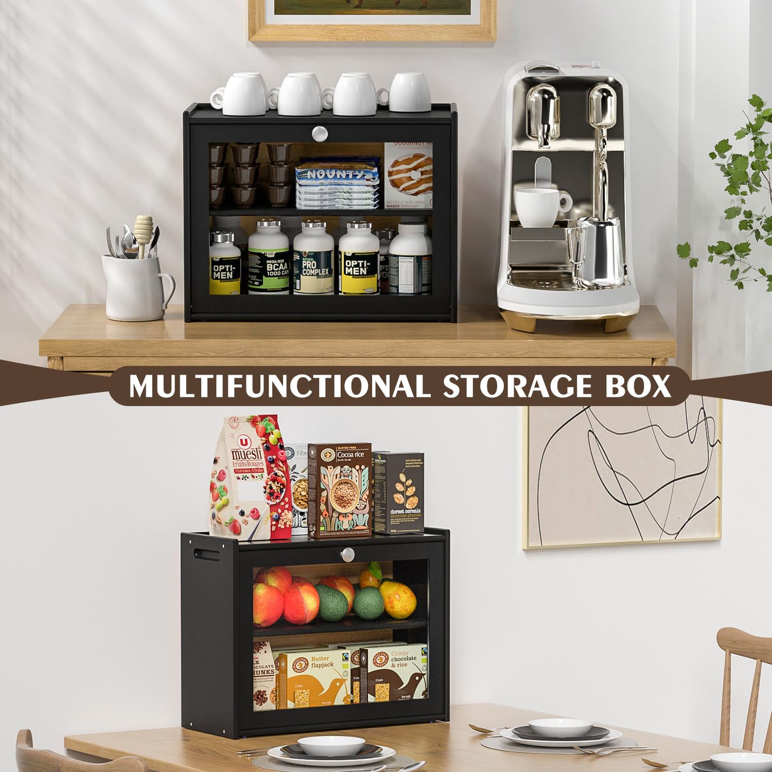 Bread Box For Kitchen Countertop, Double-Layers Large Bread Container With Transparent Door,Easy-Carry Assembled Bread Storage&M