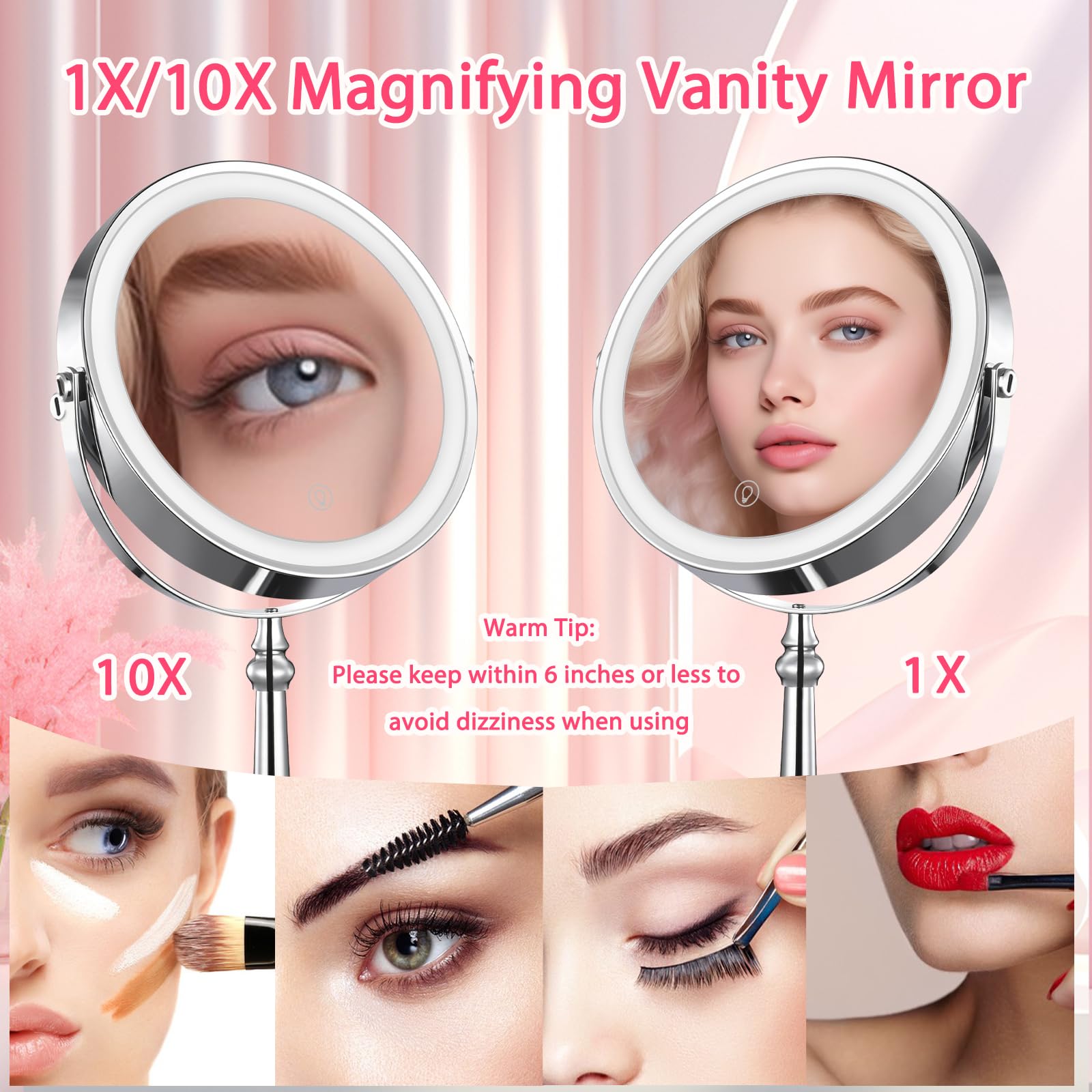 Brightinwd 9'' Large Lighted Makeup Mirror, 1X/10X Magnifying Mirror With Lights, 360 Rotate Touch Screen Vanity Mirror With Lig