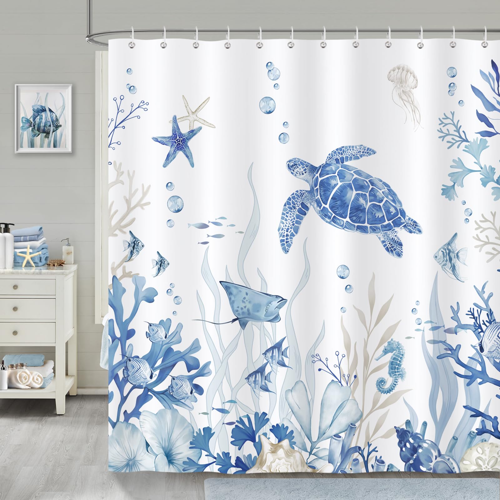 Bonhause Nautical Coastal Shower Curtain, Blue Ocean Turtle Starfish Seashell Beach Bathroom Decor 72 x 72 Inch Polyester Fabric