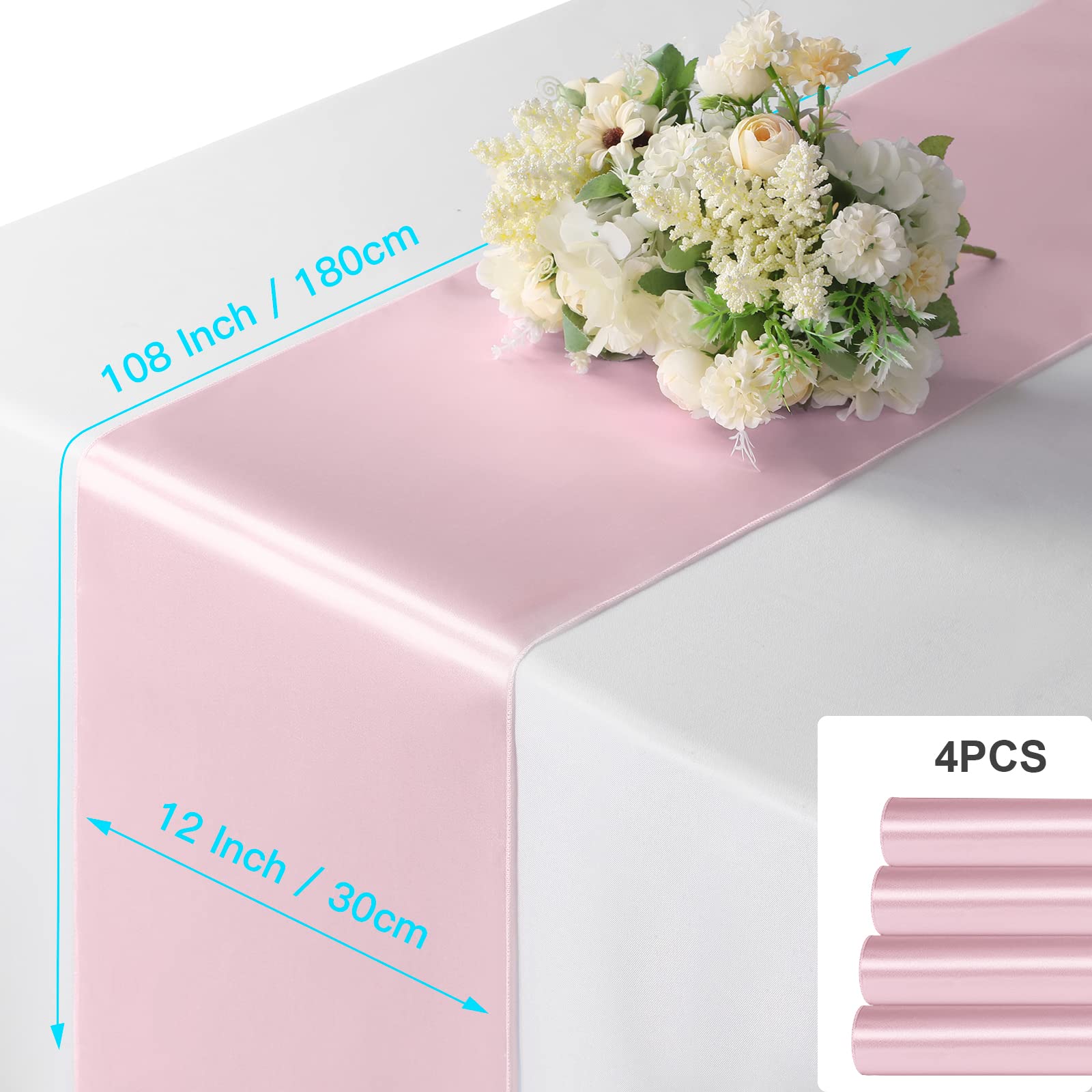 Manyshofu 4Pcs Satin Blush Pink Table Runner - 12 x 108 Inch Long Size  Party Table Runner Decor Bright & Smooth Wedding Decorations Table Runner for Banquet Chef Birthday Buffet Dinner Graduations