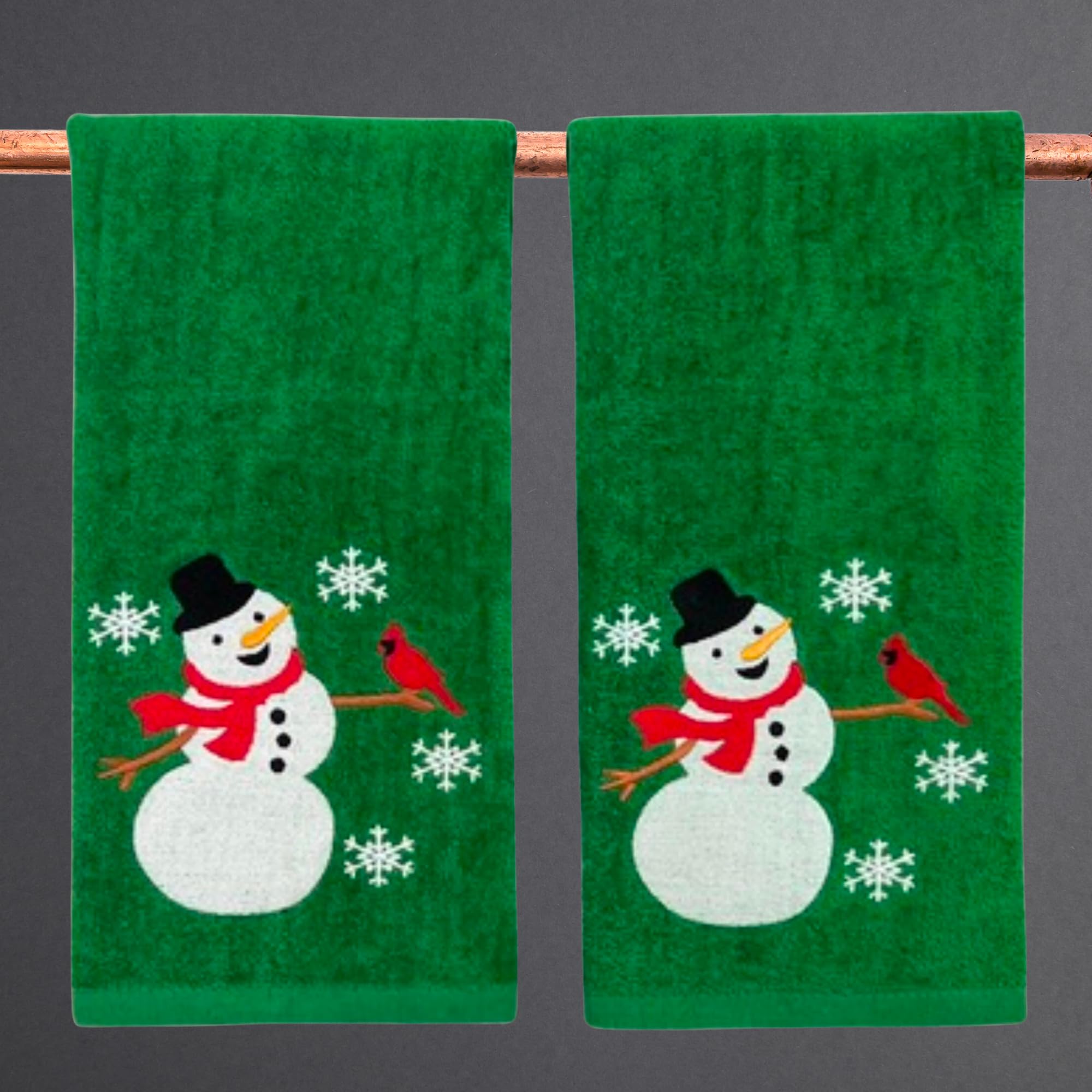 Serafina Home Holiday Christmas Bath Hand Towels, Embroidered Happy Snowman With Cardinal Friend With A Stitched Hem On Green, 2