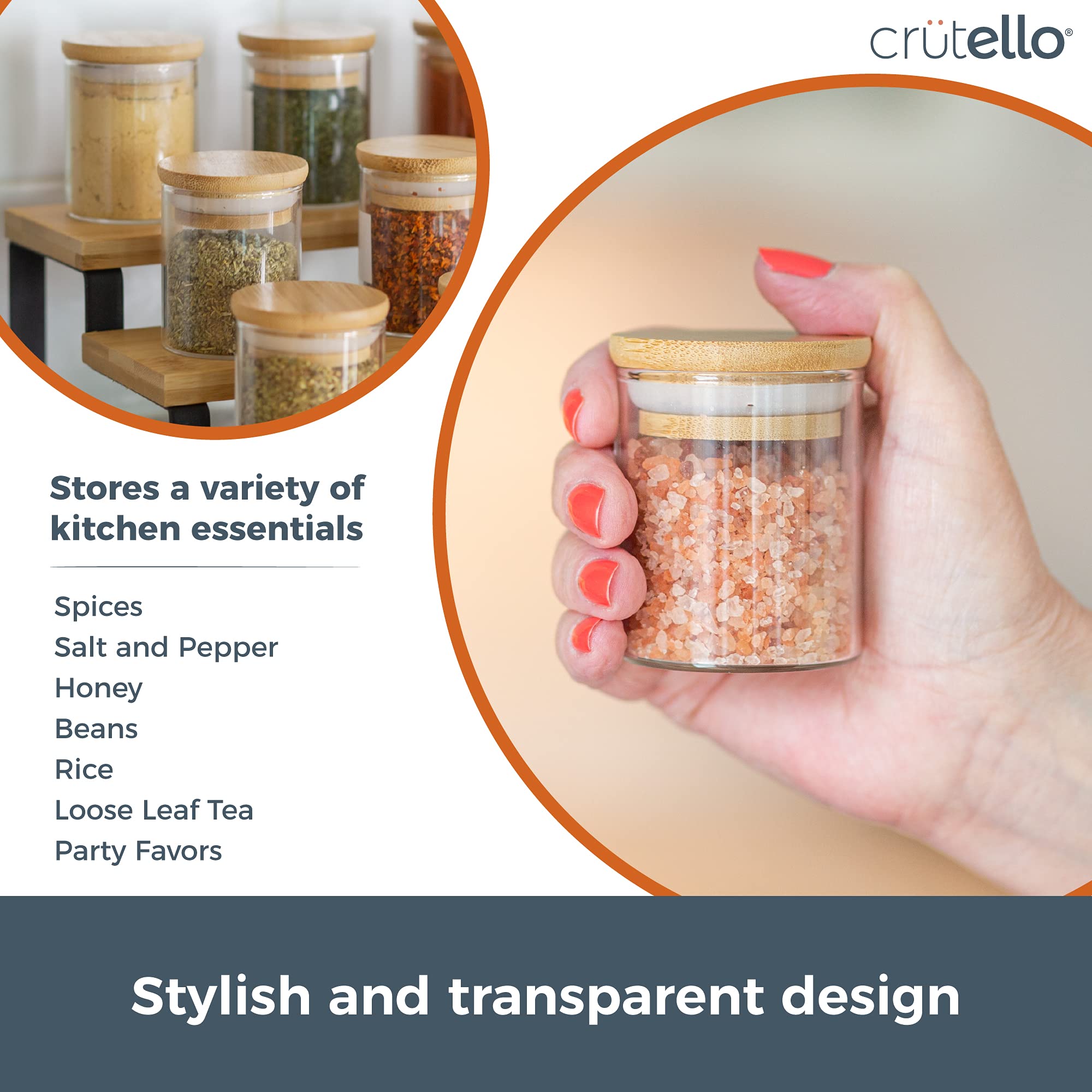 Crutello 20 Pack 2.5 Oz Mini Spice Jars With Bamboo Lids, Dishwasher Safe Jars For Spices, Honey, Beans, Rice, Party Favors