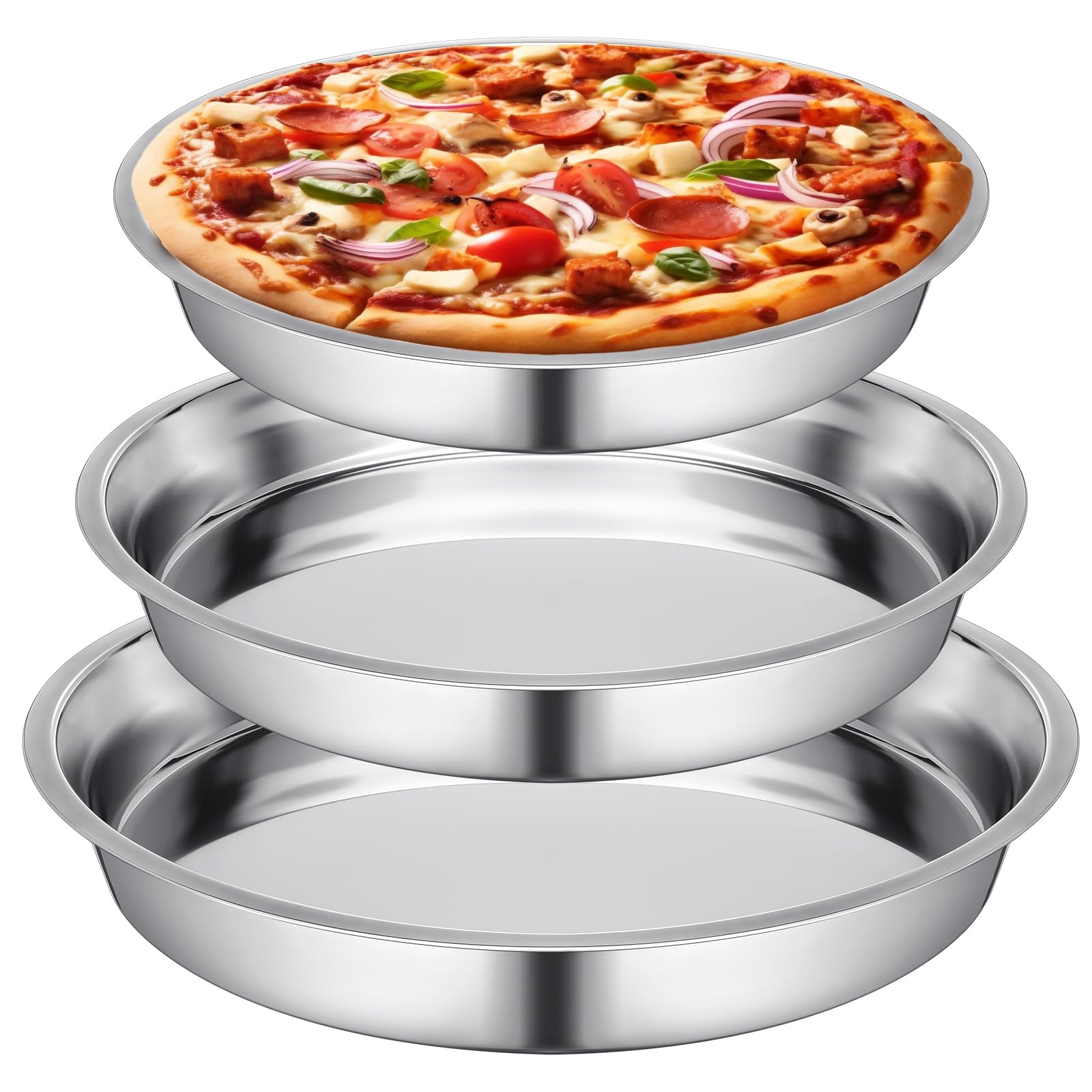Nuogo 3 Pcs 16 14 10 Inch Large Deep Pizza Pans Stainless Steel Pizza Tray Round Oven Tray Rust Proof Reusable Bakeware Cooking 