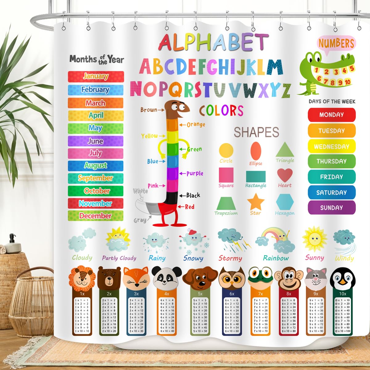 Zxmbf Abc Educational Shower Curtain Kids Learning Tool Funny Cartoon Animals Colors Shapes Weathers Multiplication Table Girls