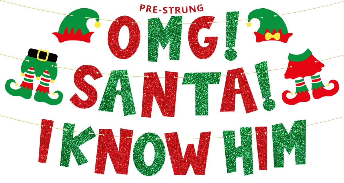 Ushinemi Pre-Strung Elf Christmas Party Decorations, No Diy Omg Santa I Know Him Banner, Red And Green Xmas Party Supplies