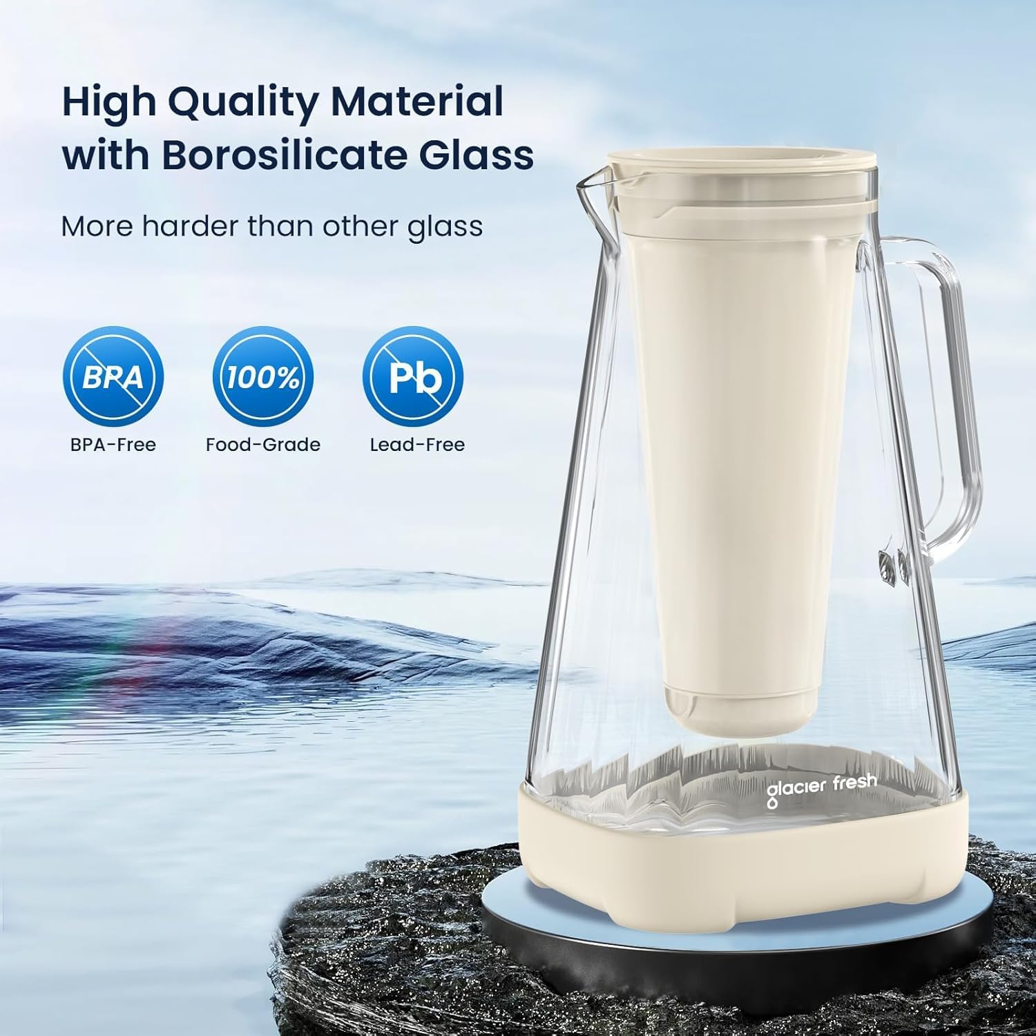 Glacier Fresh Glass Water Pitcher For Tap And Drinking With Membrane And Upgraded Activated Filter, Reduces Chlorine And Lead Ta
