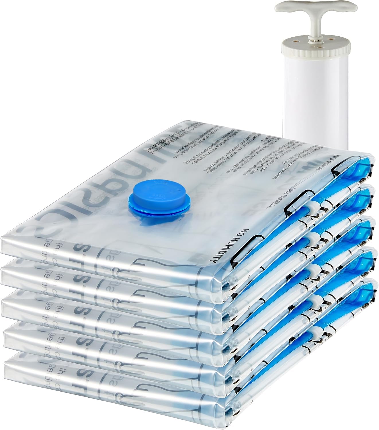 Amazon Basics Vacuum compression Storage Bags With Hand Pump  Medium  5-Pack  White  Sky Blue